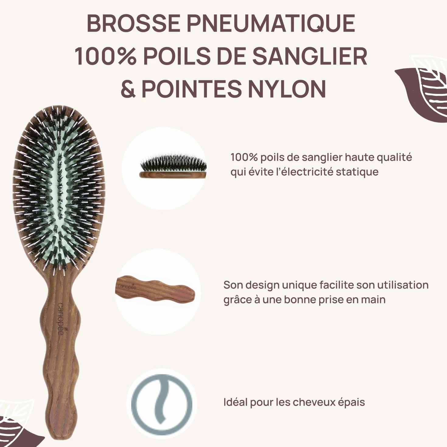 SOFÁ | Cepillo de pelo neumático desenredante | Cepillo de cuidado | Cuidado, liso y brillante | Cerdas 100% puro jabalí y puntas de nylon | Resistente al agua | Cabello grueso | Fabricación francesa