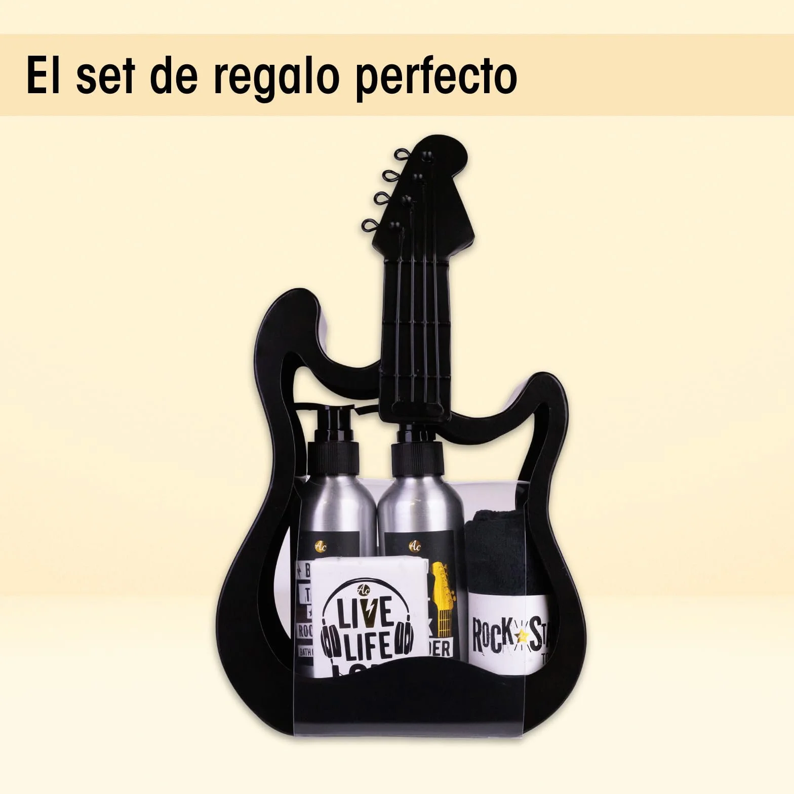 Set de regalo Accentra ROCKSTAR cuidado personal guitarra metálica negra gel ducha champú jabón toalla
