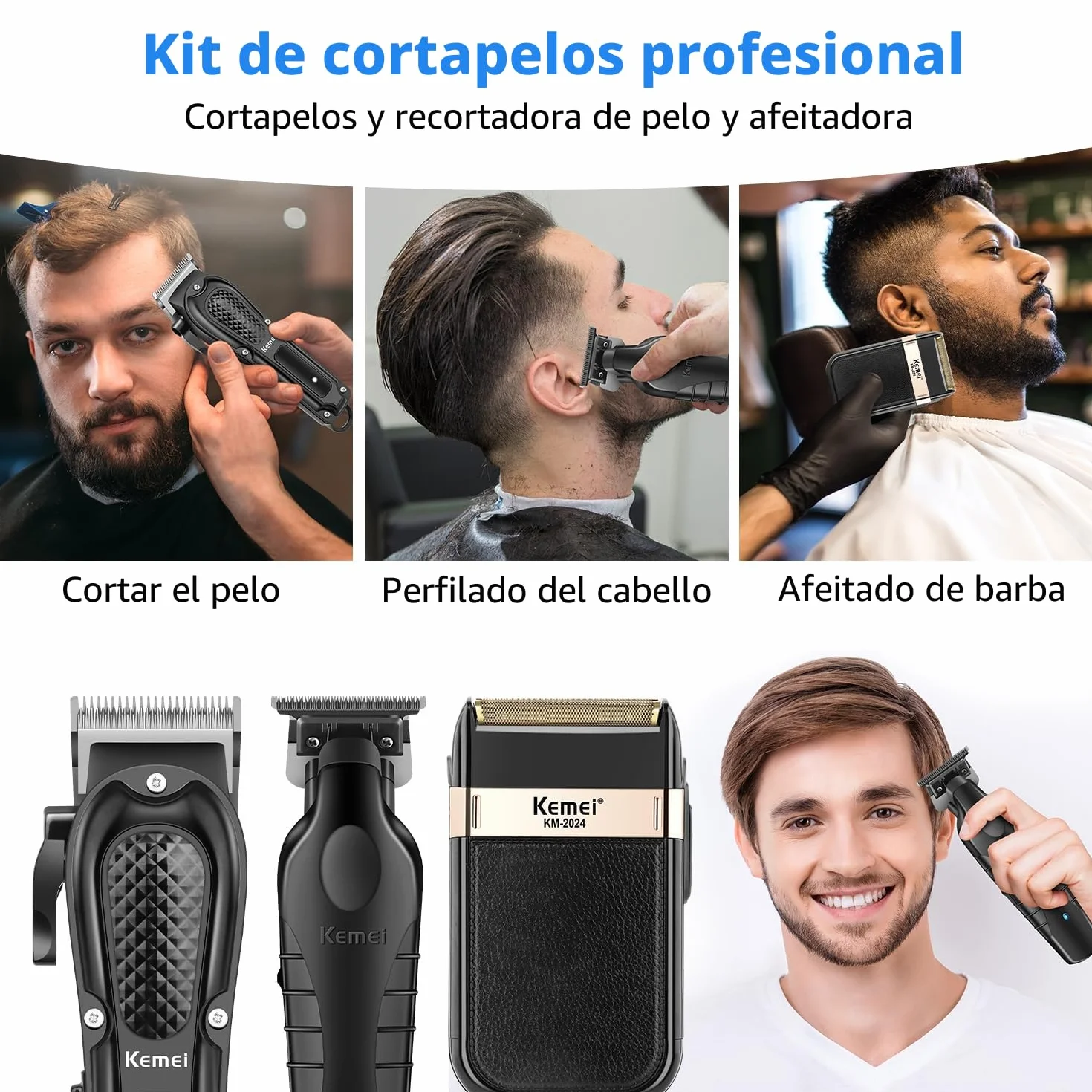 KEMEI Cortapelos profesional inalámbrico cortadora de barbero cuchilla en T set afeitadora lámina kit eléctrico 9 peines
