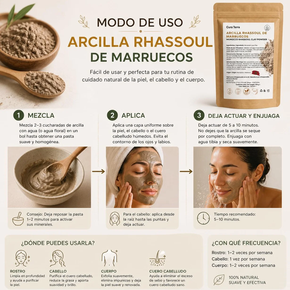 Arcilla Rhassoul Ghassoul de Marruecos 100% Pura – Polvo de Arcilla Volcánica Natural para Rostro, Cabello y Cuerpo – 100 g