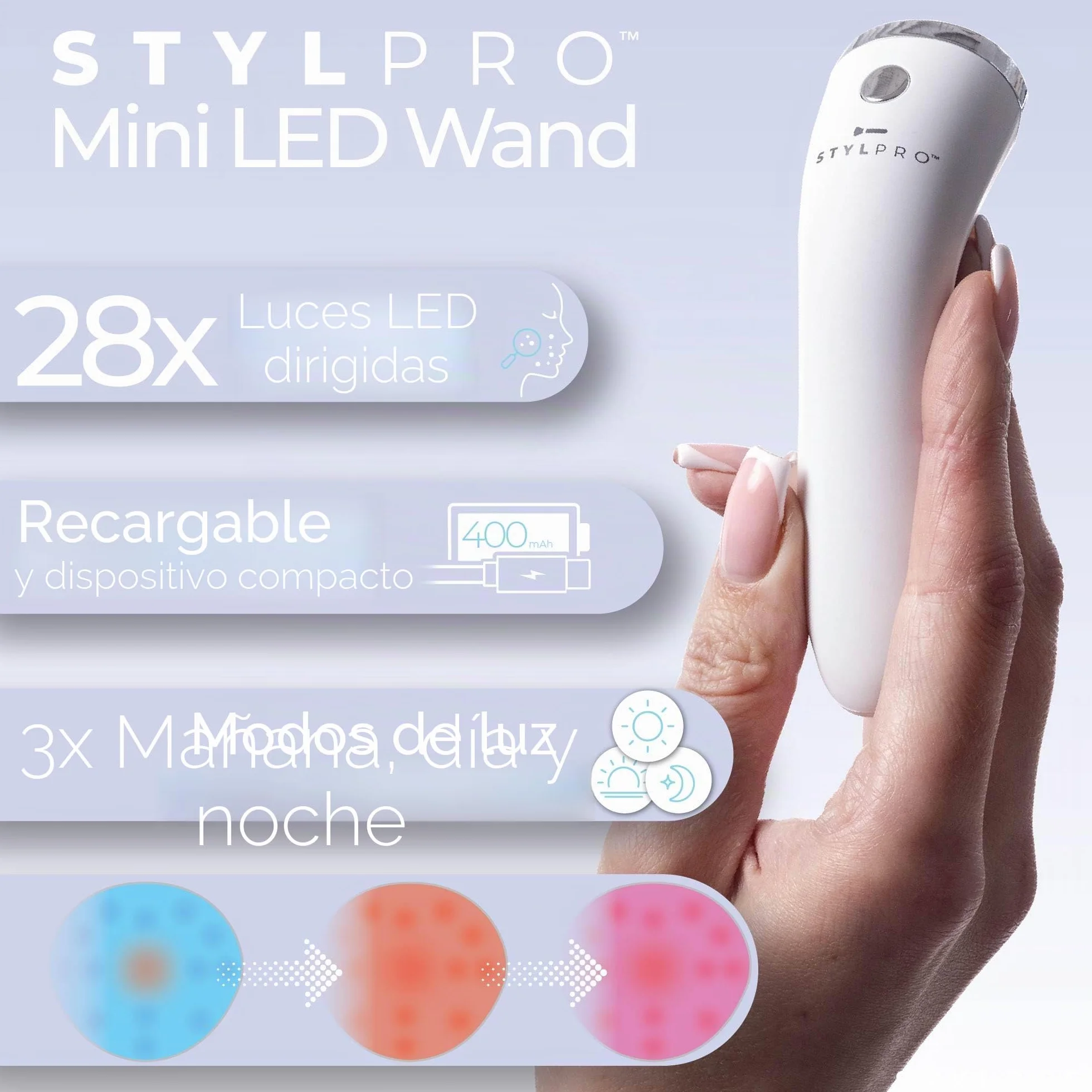 STYLPRO Mini varita mágica LED – Terapia de luz azul para acné y piel, ayuda con imperfecciones, espinillas, inflamación, enrojecimiento, 3 modos, 28 x LED de alta potencia, azul, rojo, NIR
