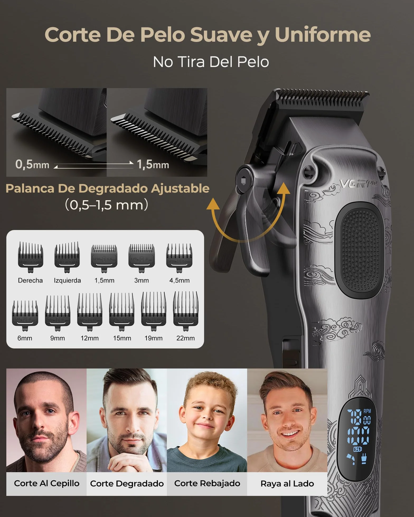 VGRPRO Maquina de Cortar Pelo Hombre Trimmer Afeitadora Electrica para Barba Sin Cable 4 Velocidades Pantalla LED Bateria Gris