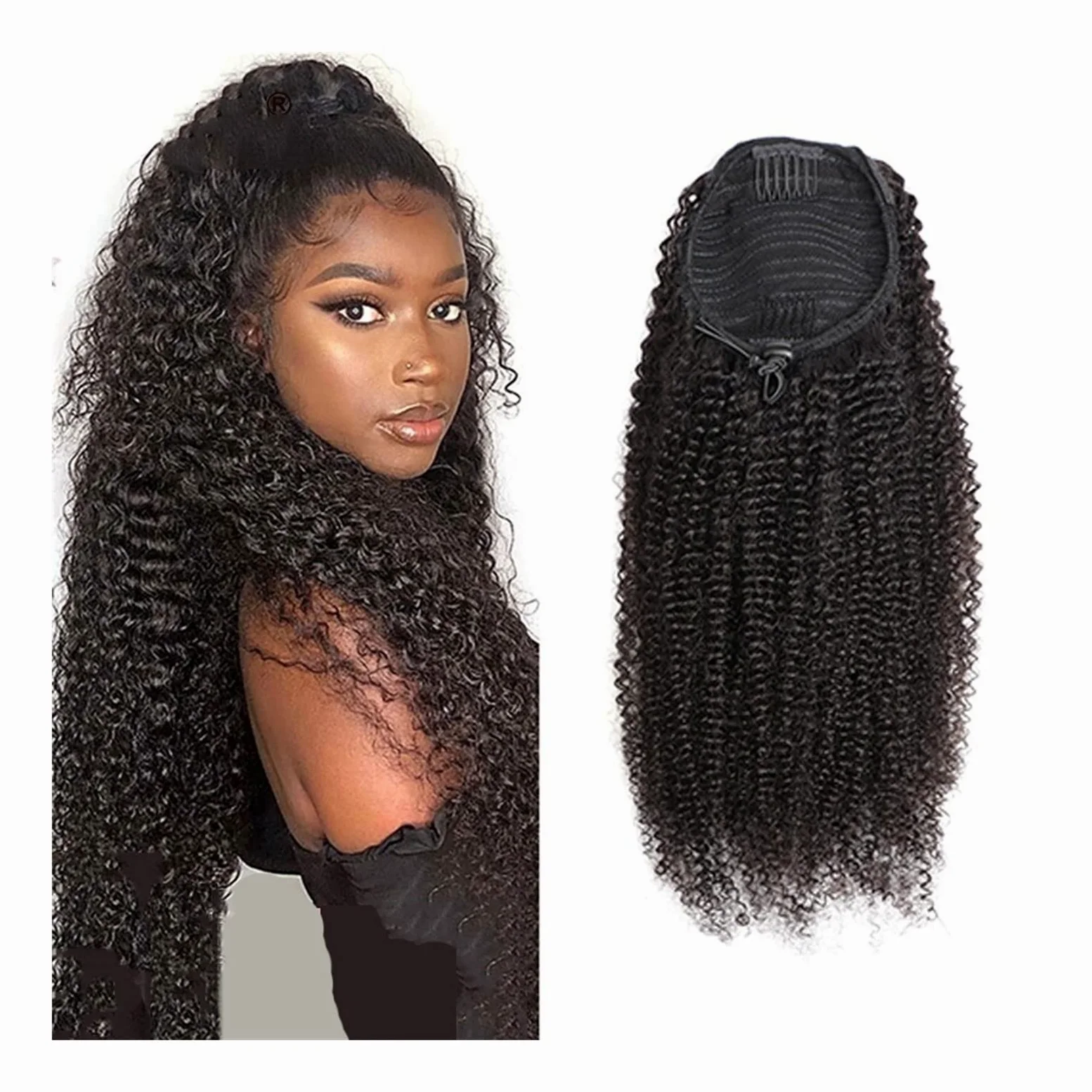 Piezas de Pelo de Moño Para mujer 1 paquete de extensión de cola de caballo con cordón ondulado rizado, horquilla brasileña, peluca de cola de caballo, moño de cola de caballo con cordón negro Natural