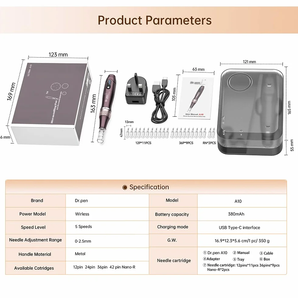 Dr.Pen Ultima A10 Dermapen Microneedling Pen Inalámbrica Profesional con 22 Cartuchos de Repuesto