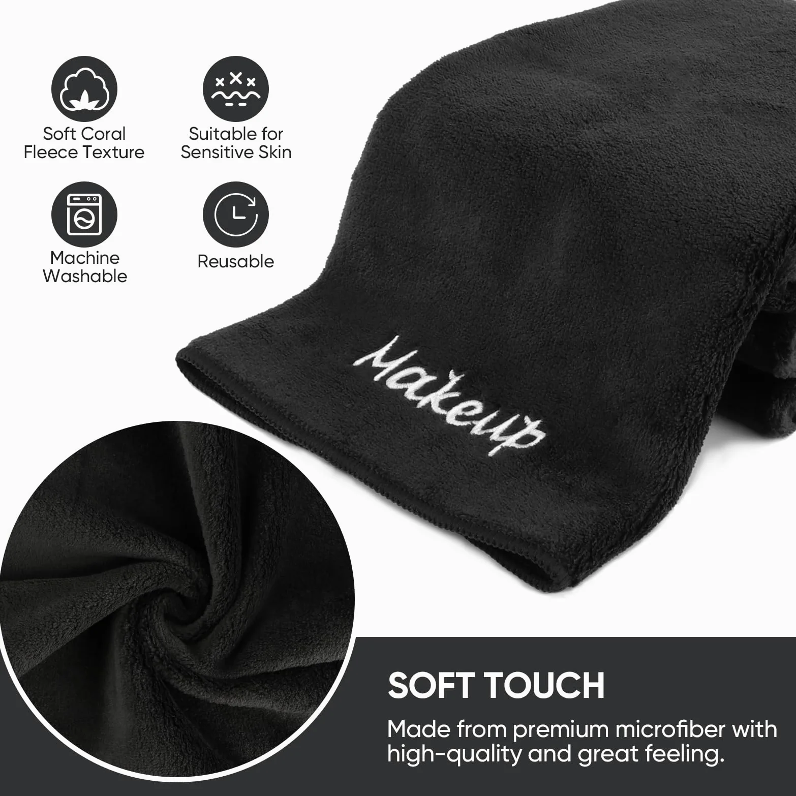 UNIMADE Paños desmaquillantes, paquete de 24 paños faciales negros, toallas faciales de microfibra de forro polar coral suave para cara, manos y baño (13 x 13 pulgadas)