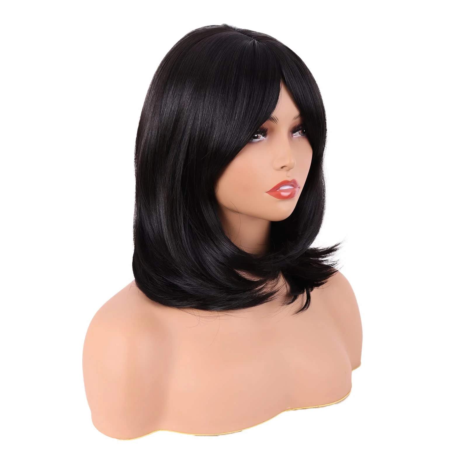 MapofBeauty 18 Pulgadas /45 cm Medio Largo Pelucas Sintéticas Con Flequillo Lacio Cabello (Negro)