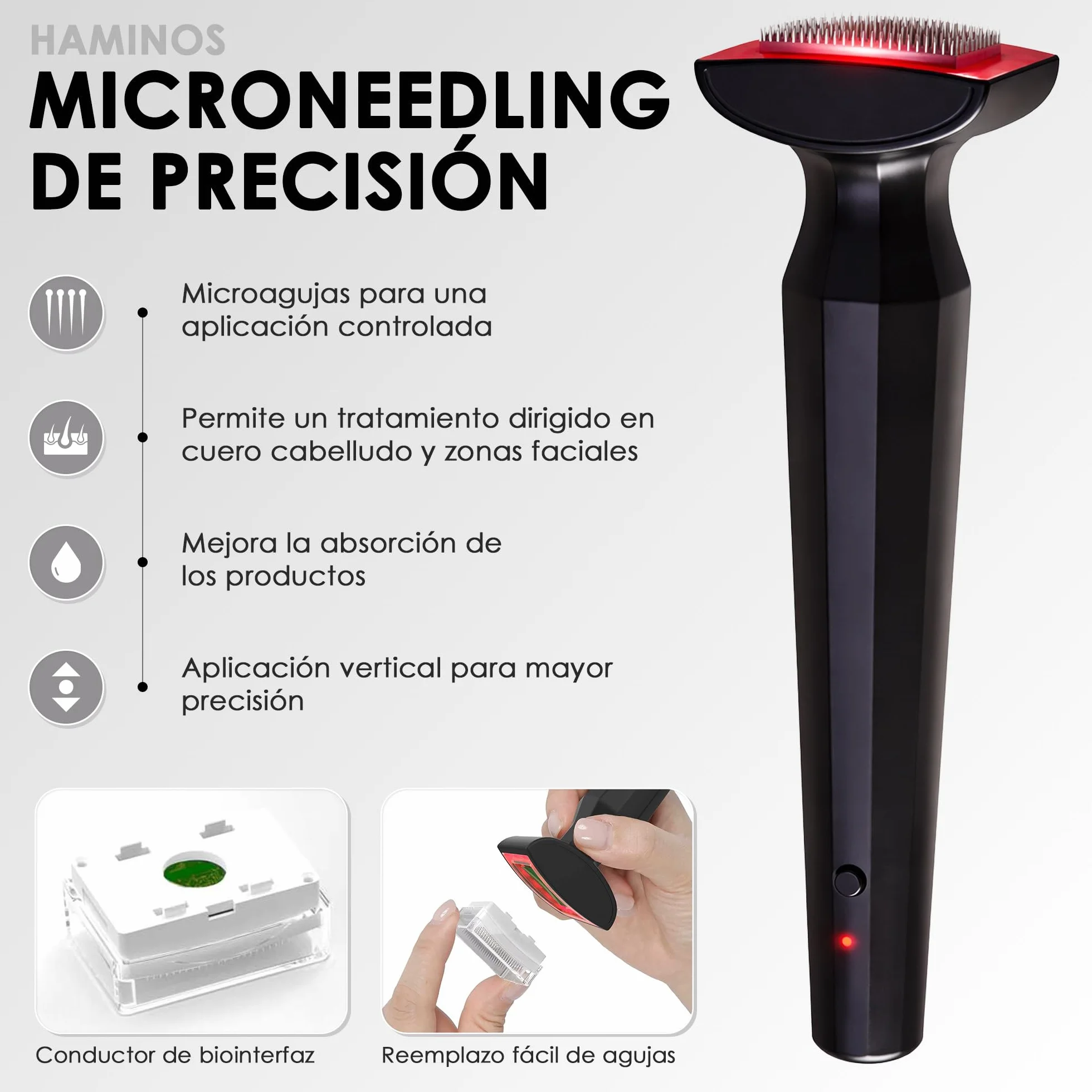 HAMINOS Derma Stamp 0,25 mm Microneedling 4 en 1 para Cuero Cabelludo, Luz Roja, Microcorriente, Vibración, Recargable USB-C