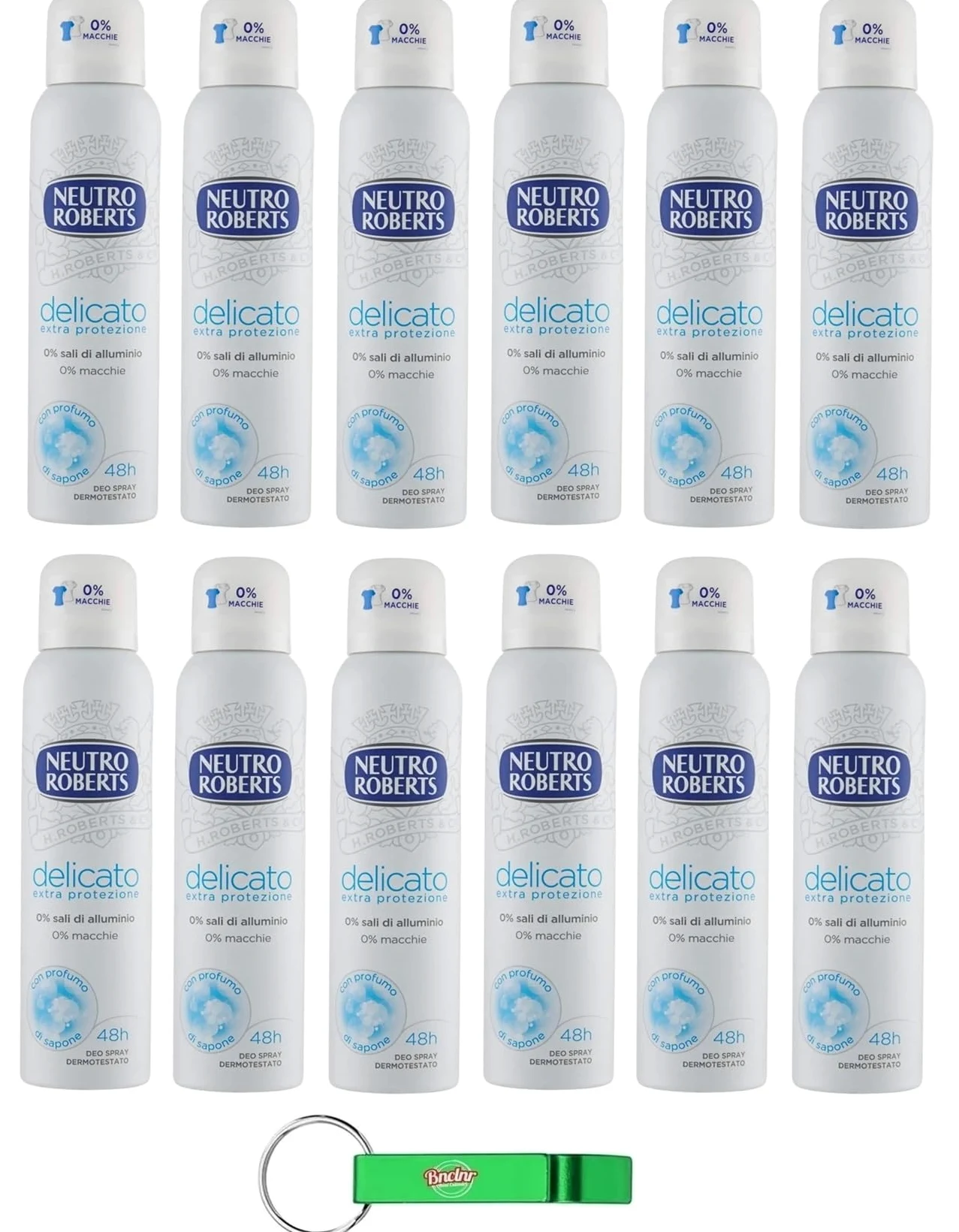 Neutro Roberts - Desodorante en spray Delicato (12 unidades, 150 ml, incluye llavero Beni Culinari gratuito)