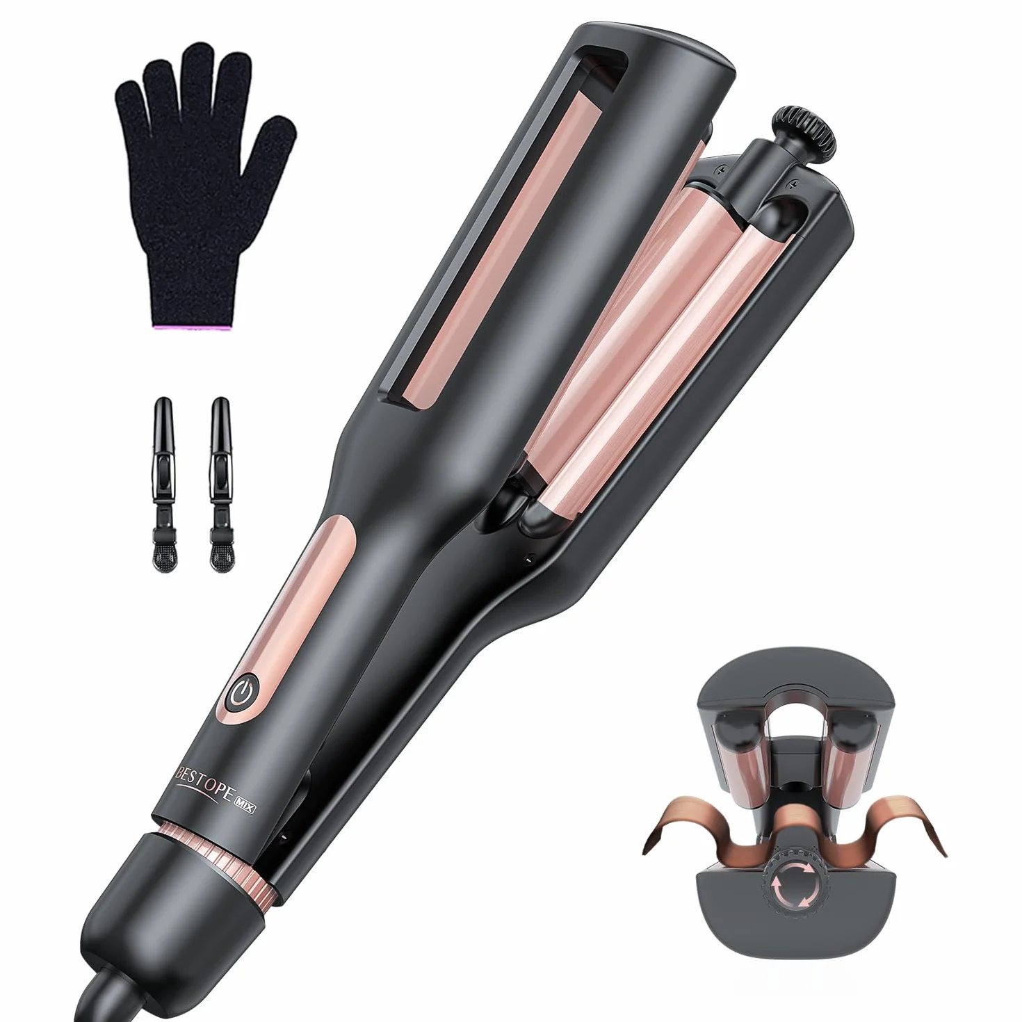 4 In 1 Ajustable Rizador Pelo Ondas - 22/25/32/38mm Plancha Pelo Ondas 3 Barriles Ondulador de Pelo Iónico, Anti-escaldamiento, Pantalla Digital, 4 Temperatura(140°C-210°C), Oro Rosa