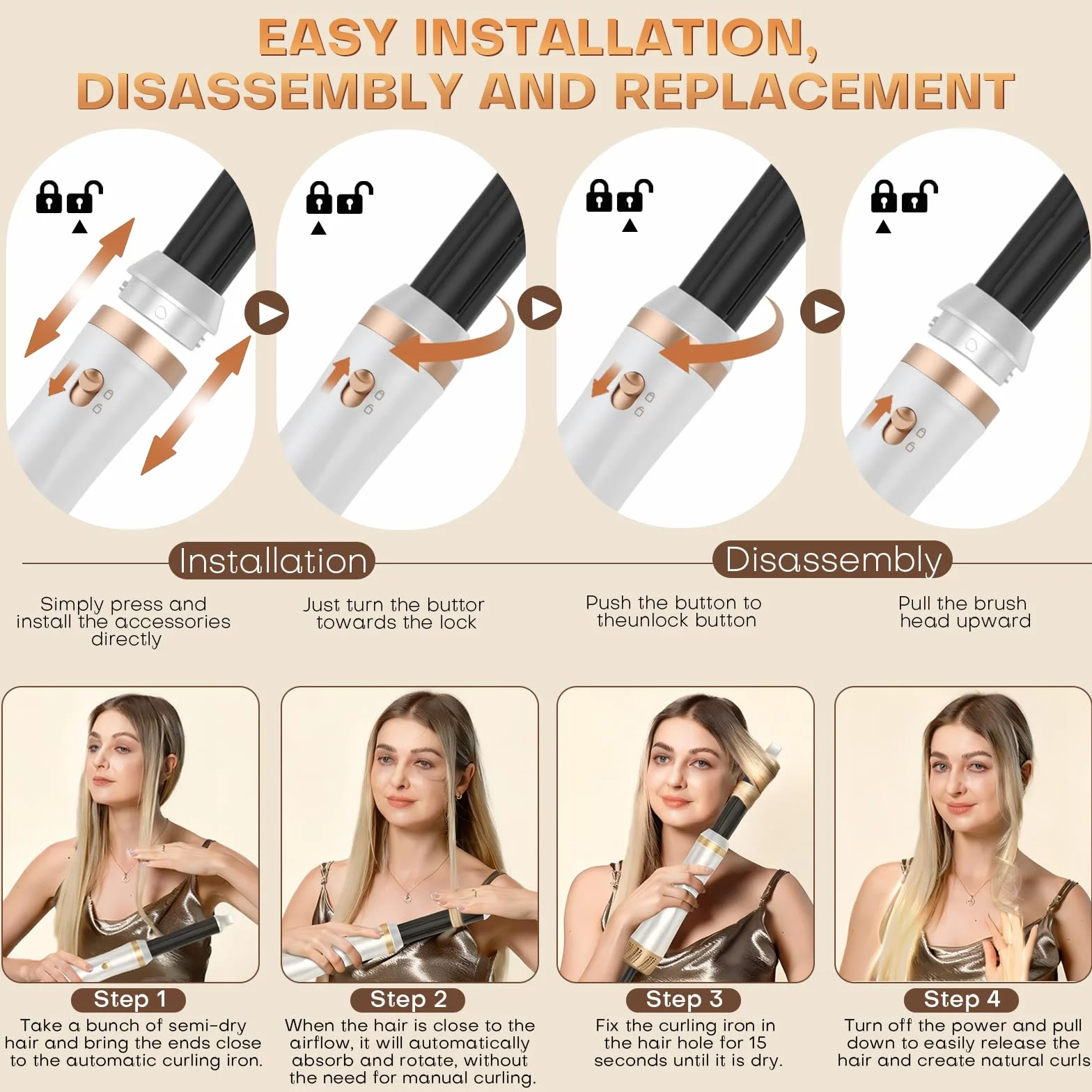 Cepillo Secador de Pelo 5 en 1, Air Styler Multifunción con Iones Negativos Secador, Rizador y Cepillo Alisador, 3 Temperaturas, 1000W Cepillo de Aire Caliente para Volumen, Alisa, Seco