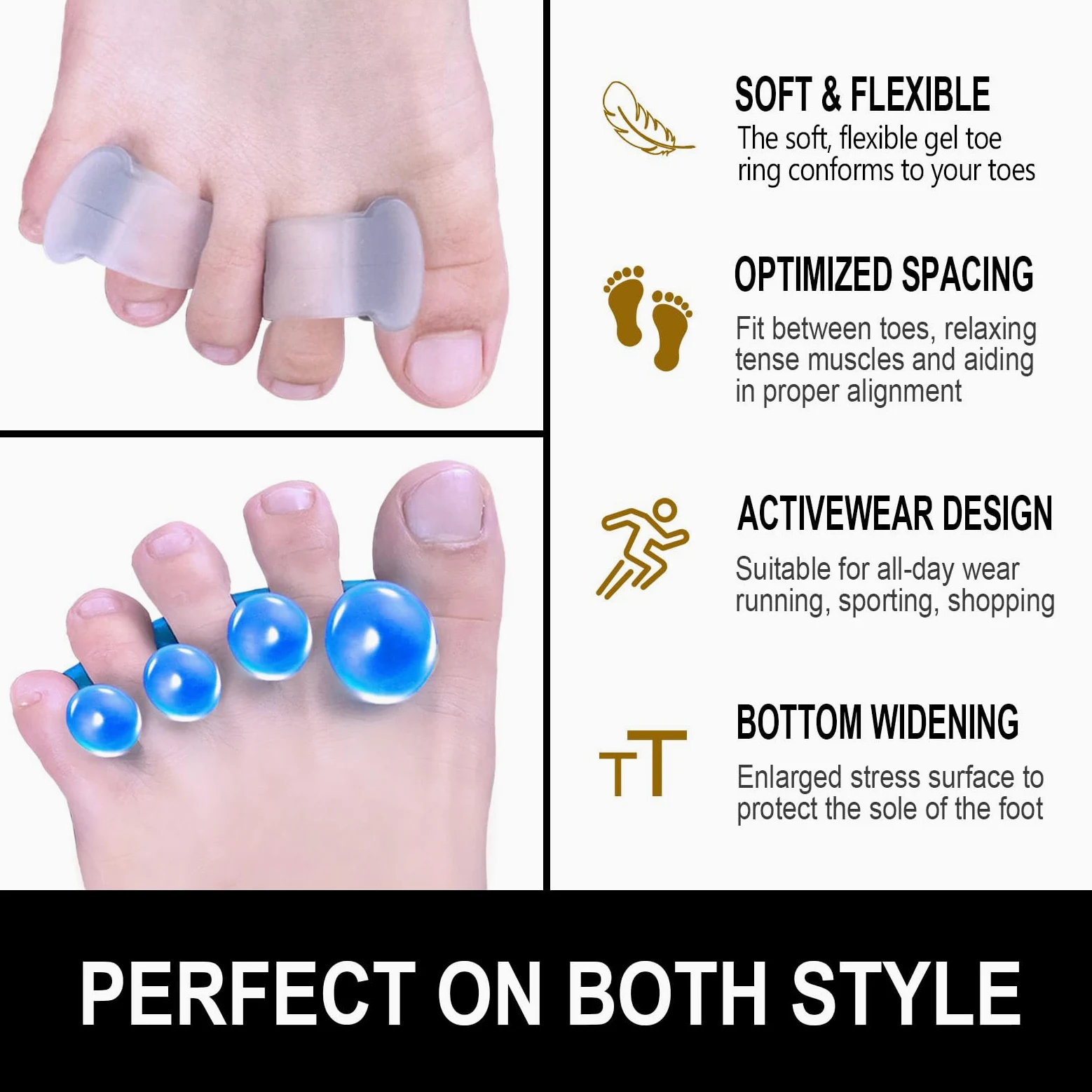 Separadores de dedos y estirador, espaciadores de dedos de gel, corrigen los juanetes y restauran los dedos de los pies a su forma original, para hombres y mujeres, paquete de 3 (1 par