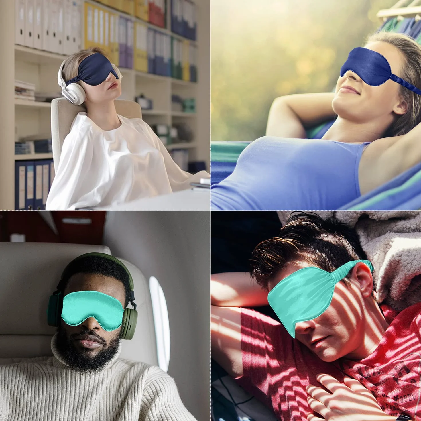 Antifaz para dormir para hombres y mujeres, paquete de 2 antifaz de seda de morera natural 100% real con correa ajustable, antifaz para dormir, viajes, siesta (azul marino y verde claro)