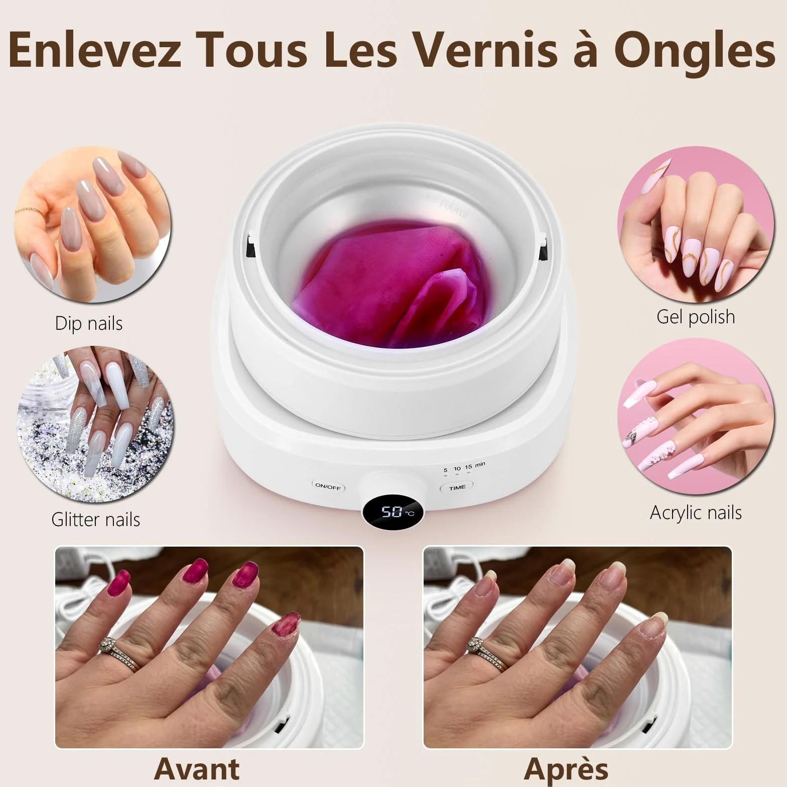 Removedor de uñas eléctrico de temperatura ajustable, limpiador de uñas eléctrico tazón de remojo de uñas, quitar el esmalte de uñas de gel acrílico