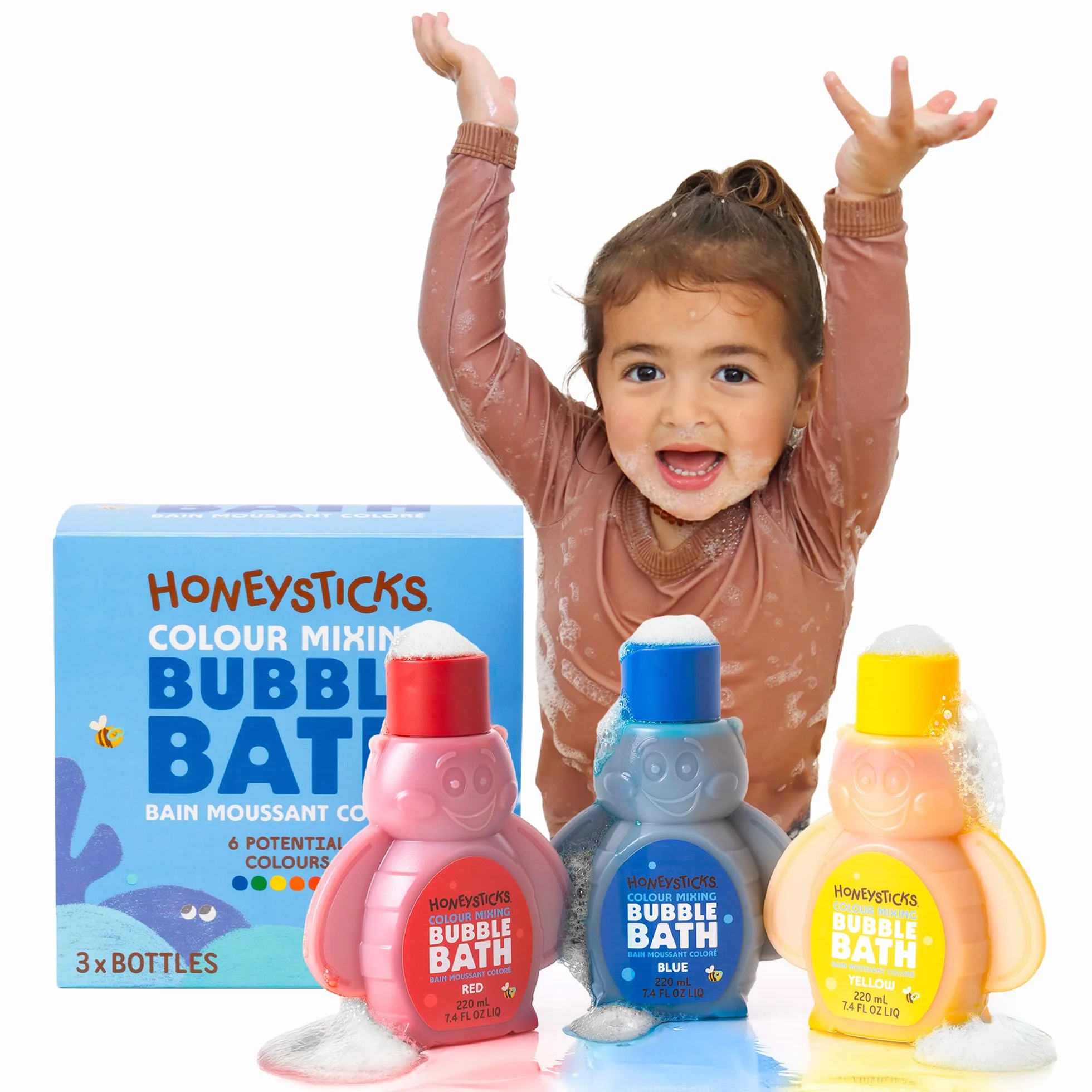 Honeysticks Burbujas de Bañera para Niños – Espuma de Baño a Base de Plantas – Bubble Bath que Cambia el Color del Agua y Crea Mucha Espuma – No Tóxica, No Irritante - 3 Uds - Azul, Amarillo, Rojo