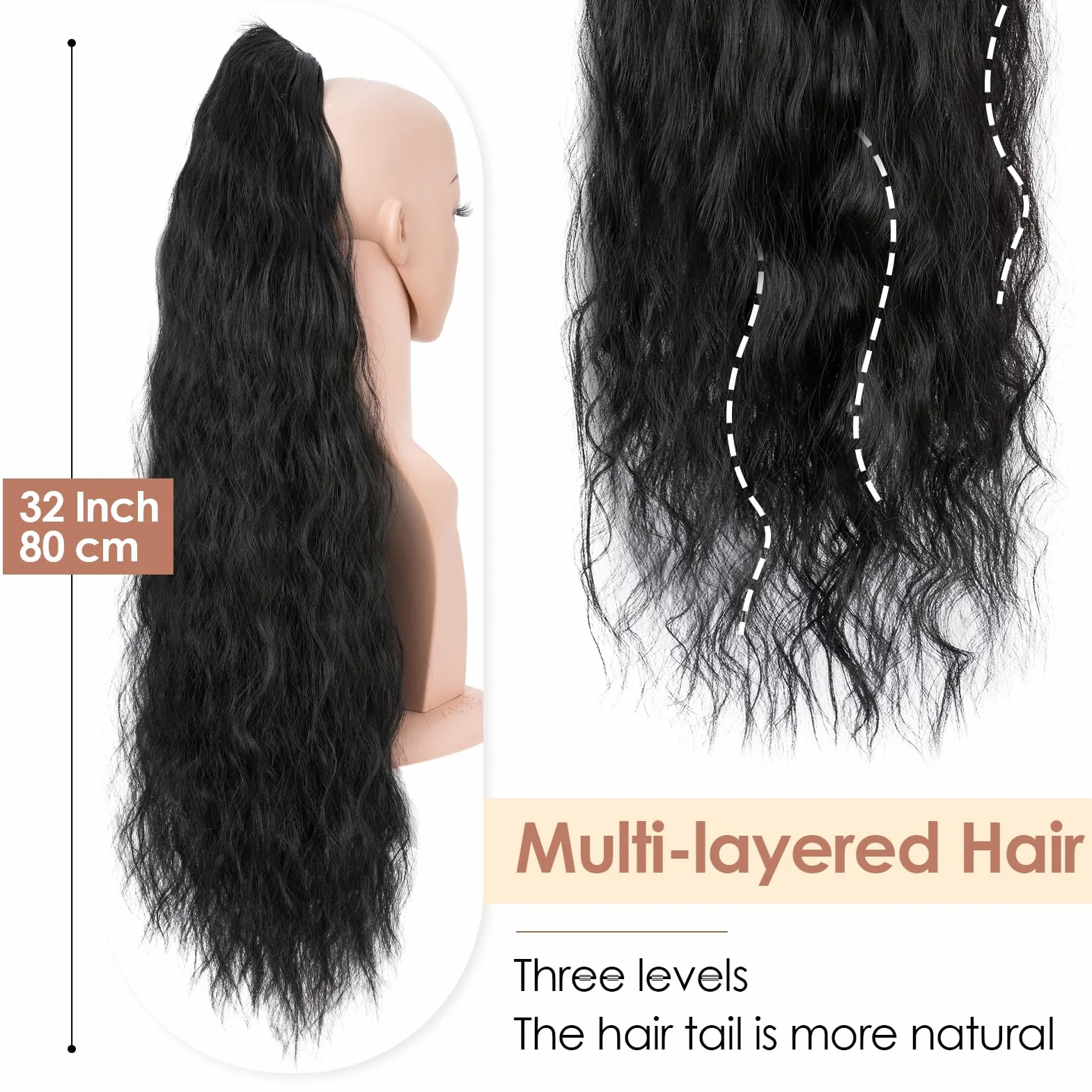 TESS Coleta Postiza Larga 80 cm Rizado Extensión con Cordón Corn Wave Natural Negro