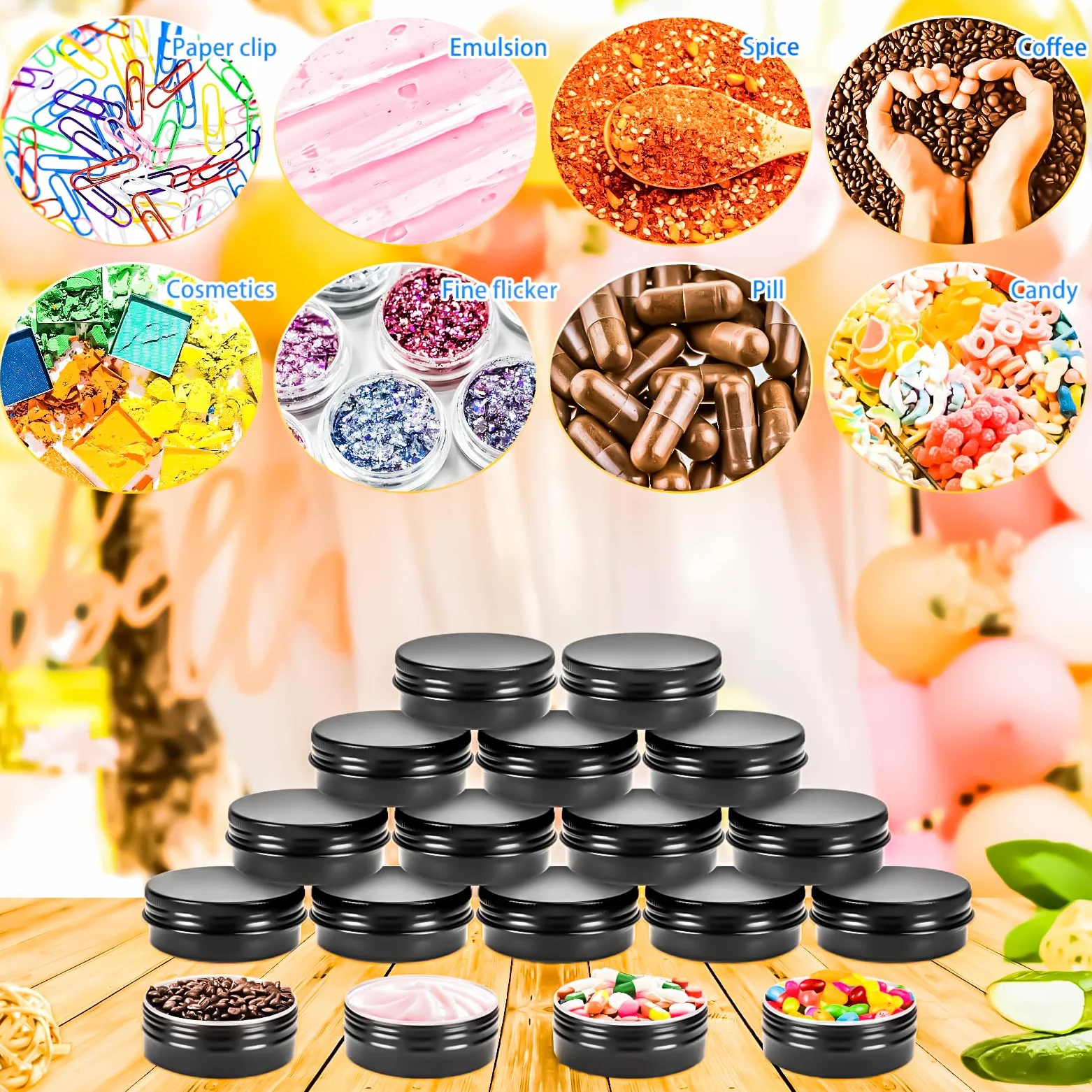 Paquete de 16 tarros de aluminio recargables de 2 onzas, recipientes redondos de aluminio con tapa para bálsamo labial, velas de crema de bálsamo labial, 60 ml, color negro