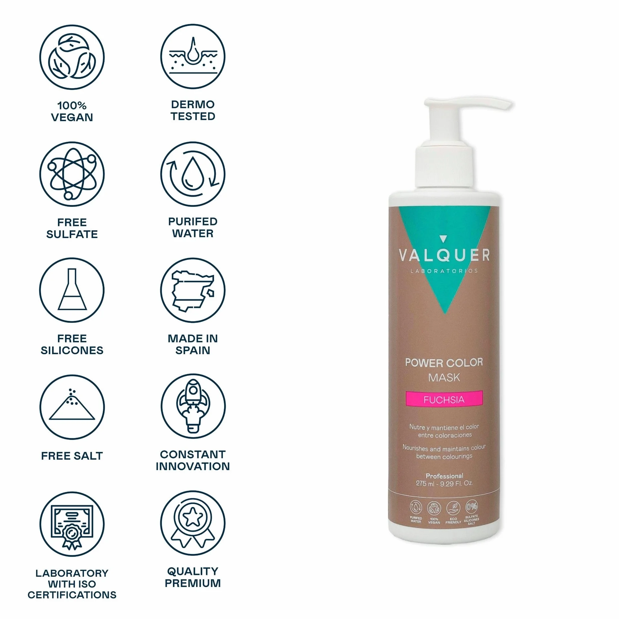 VALQUER Power Color Fucsia Mascarilla Capilar 275 ml Potenciador de Color Temporal Sin Sulfatos Vegano