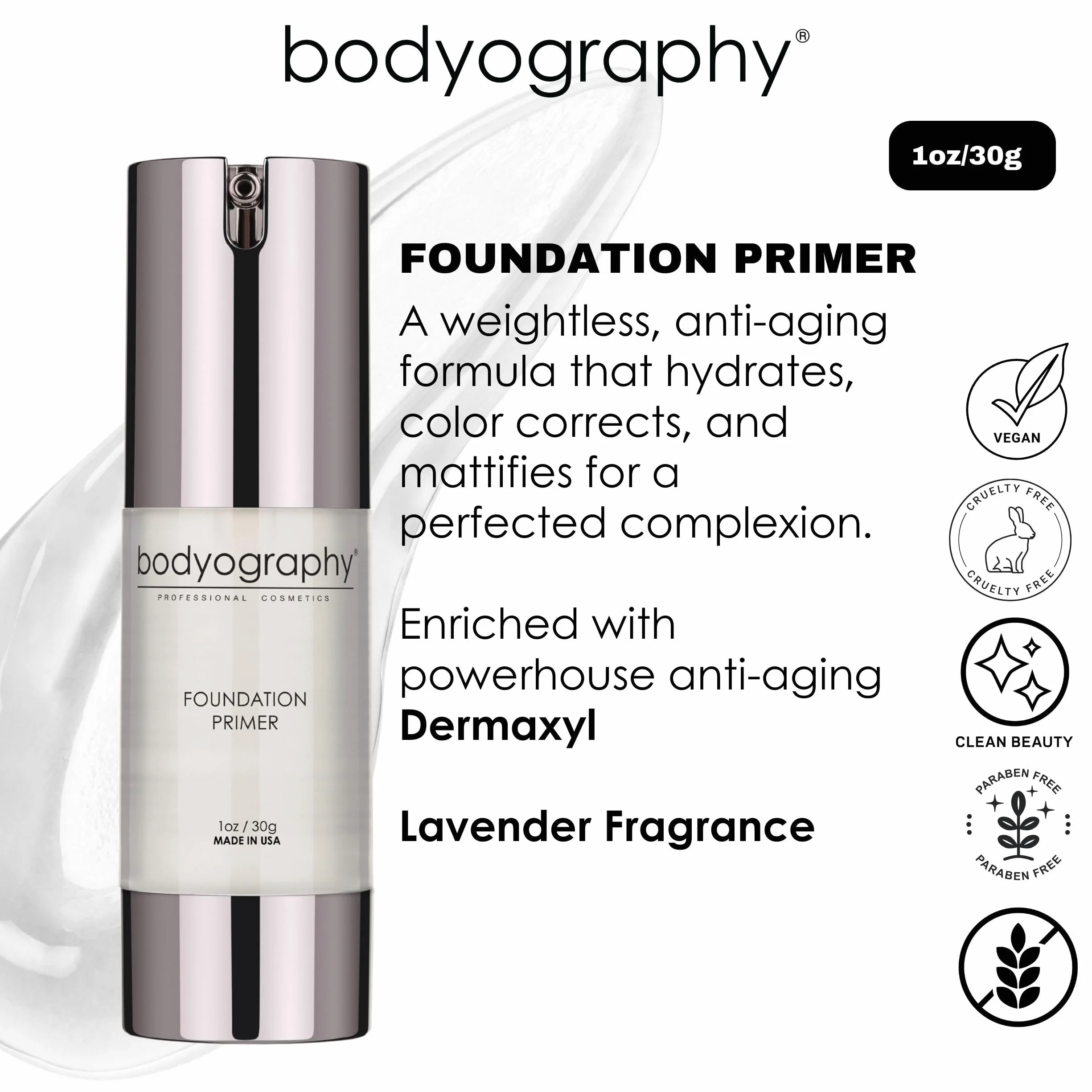 Bodyography Foundation Primer (Clear): Primer de maquillaje de salón antienvejecimiento con vitamina E, A, jojoba, aceite de semilla de uva, 1 oz