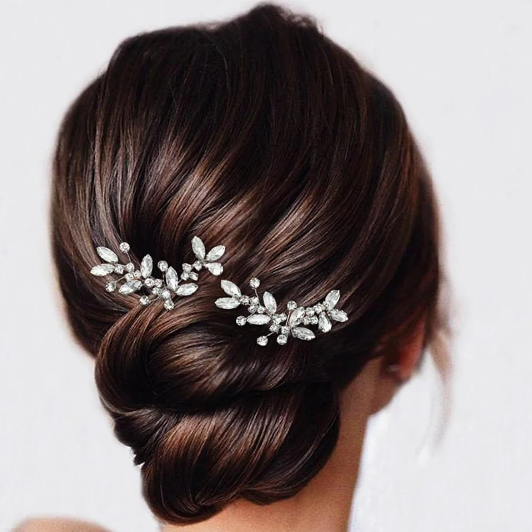Horquillas de Novia Cristal Hoja para Boda, Moño Broches para Mujeres, Tocado Diamantes de Imitación Pinzas Pelo Accesorios
