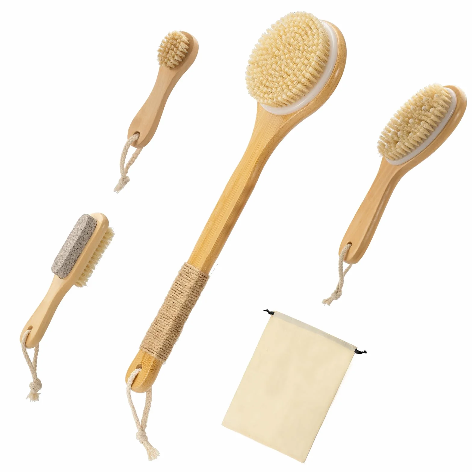 Juego de 5 cepillos de cepillado en seco para drenaje linfático, masajeador de celulitis y cuidado del cuero cabelludo, cepillo seco de mango largo para cuerpo, cepillo exfoliante de cerdas
