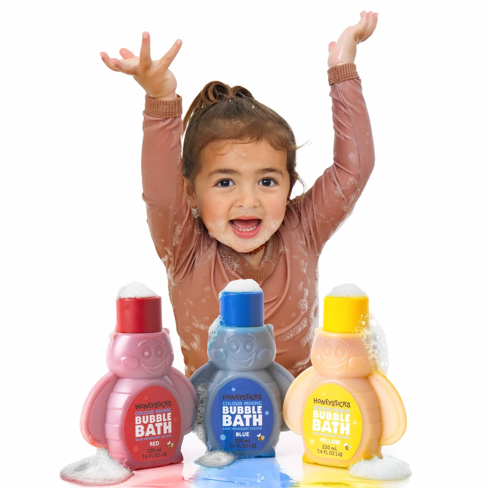 Honeysticks Burbujas de Bañera para Niños – Espuma de Baño a Base de Plantas – Bubble Bath que Cambia el Color del Agua y Crea Mucha Espuma – No Tóxica, No Irritante - 3 Uds - Azul, Amarillo, Rojo