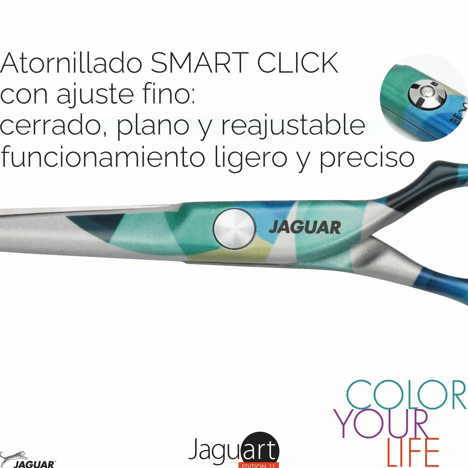 JAGUAR Tijeras para el pelo JaguART IN MOTION 5.5" | Tijeras de peluquería con diseño offset | aRecubrimiento antialérgico y resistente de alta tecnología con aspecto fotográfica | Made in Germany