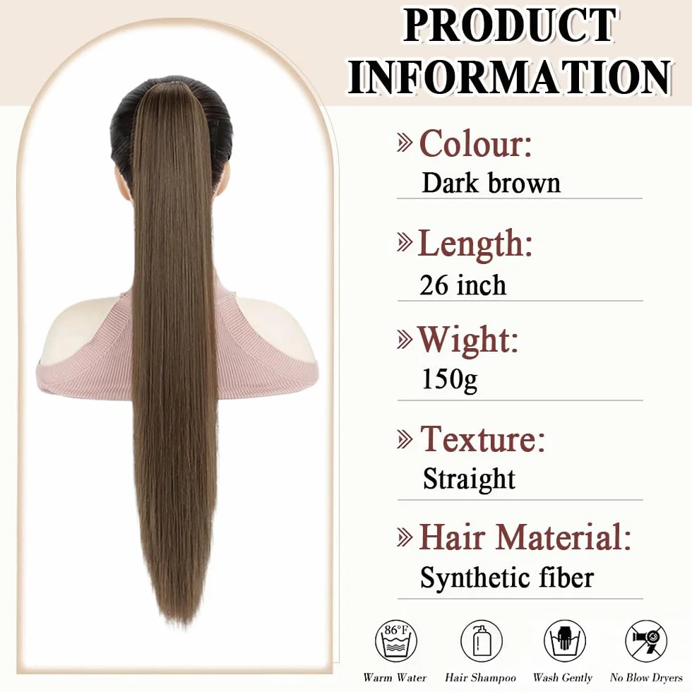 Coleta Pelo Liso Natural Con Pinza Flequillo Postizo 66cm Pelucas Mujer Ponytail Hair Extension Marrón Oscuro
