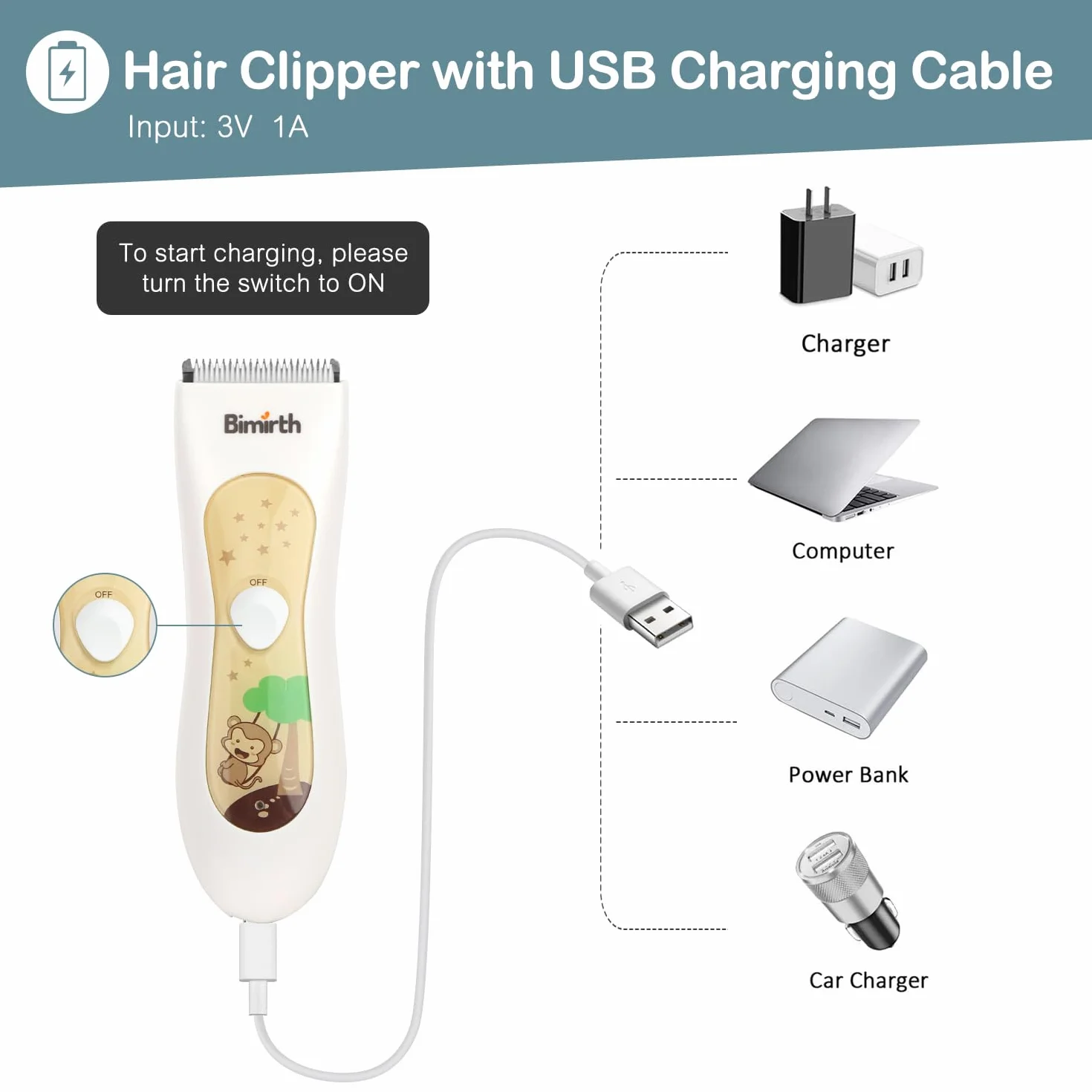 Cortapelos para niños Bimirth, cortadora de pelo silenciosa inalámbrica, recargable por USB, impermeable, 3 peines guía