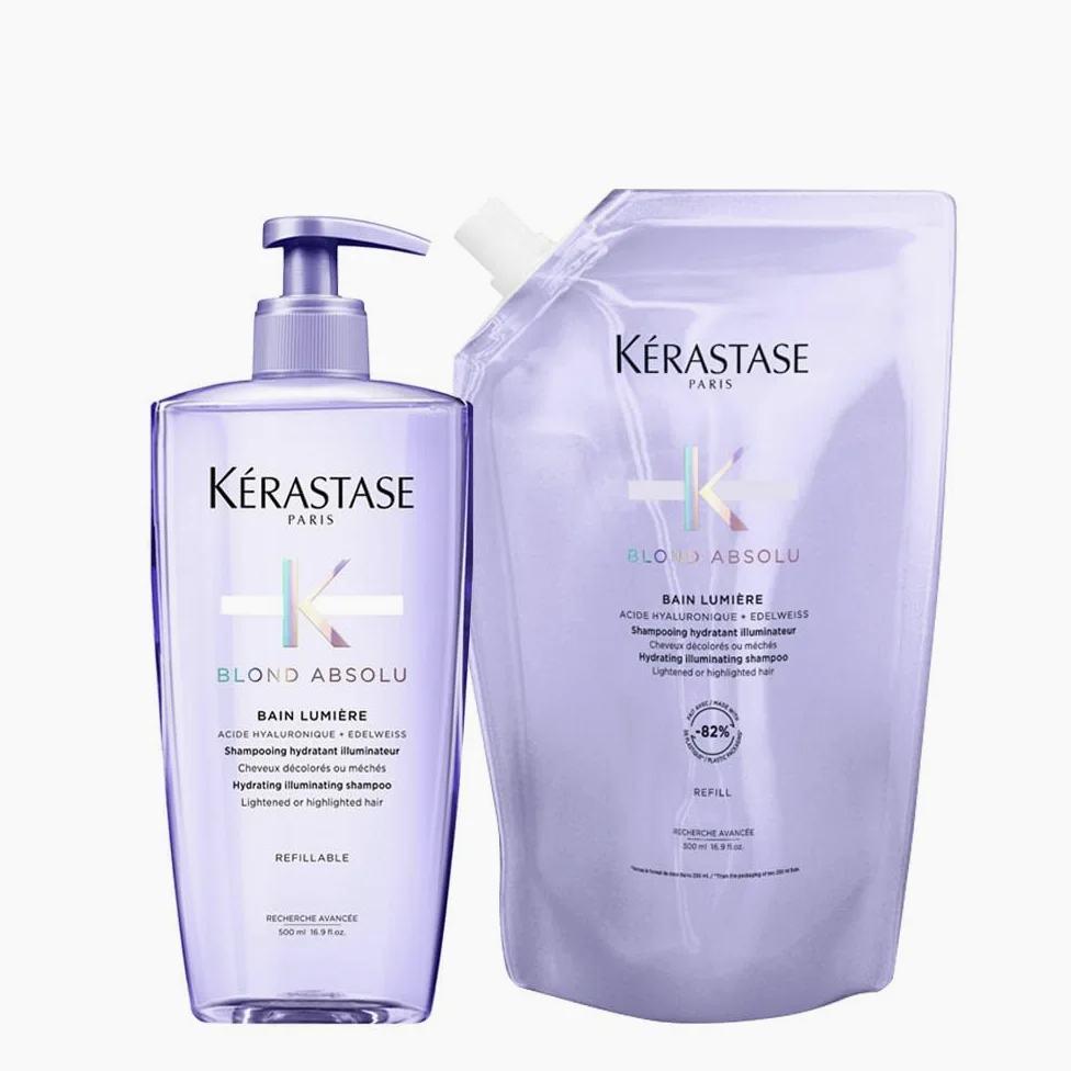 Kérastase Blond Absolu Bain Lumière - Recambio de champú hidratante para cabello rubio/rubio, incluye Blond Absolu Bain Lumière 500 ml en dispensador y recambio de 500 ml
