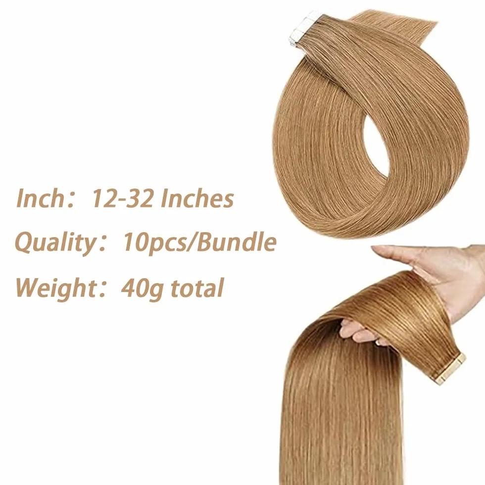 Extensiones adhesivas de pelo humano recto invisible, #27, rubio miel, 24 pulgadas, 10 piezas/40 g, extensiones de pelo humano para mujer, mínimo, smell low Shedding