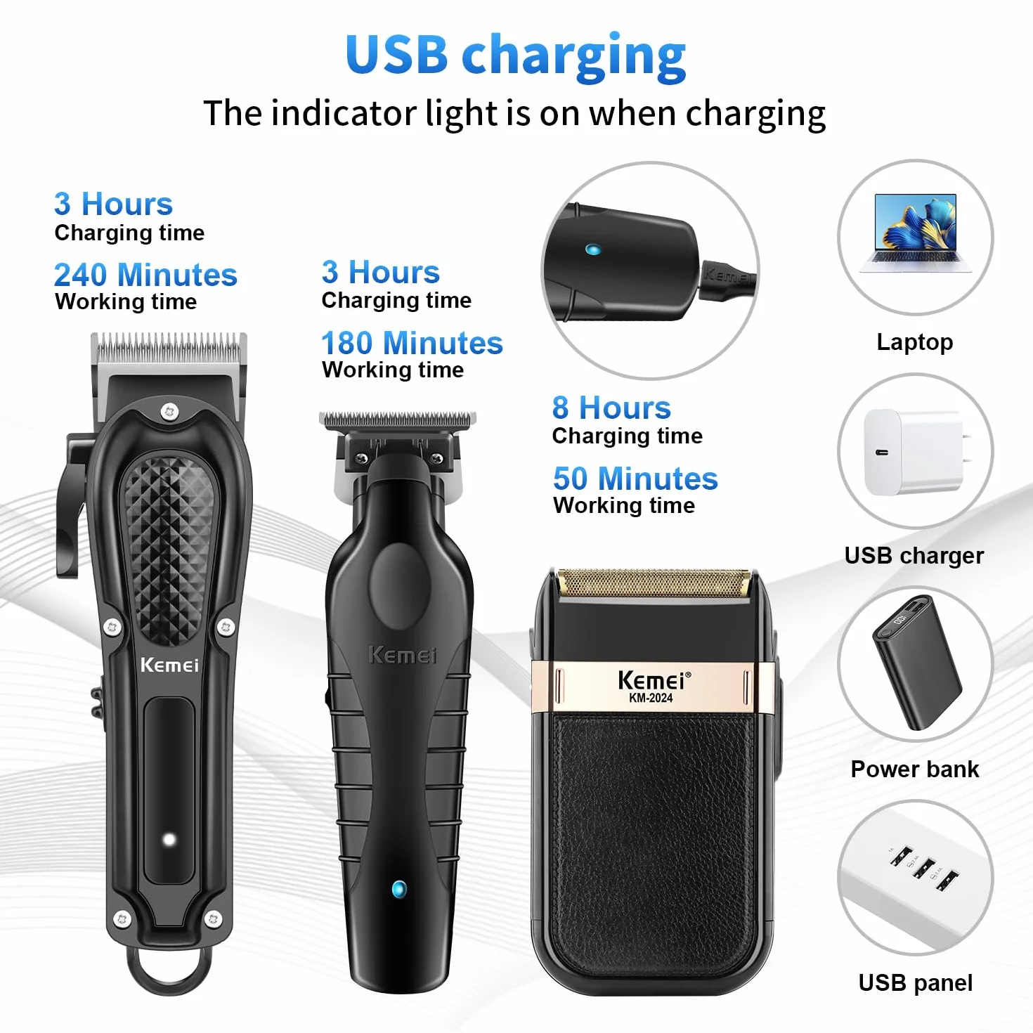 KEMEI Cortapelos profesional inalámbrico cortadora de barbero cuchilla en T set afeitadora lámina kit eléctrico 9 peines