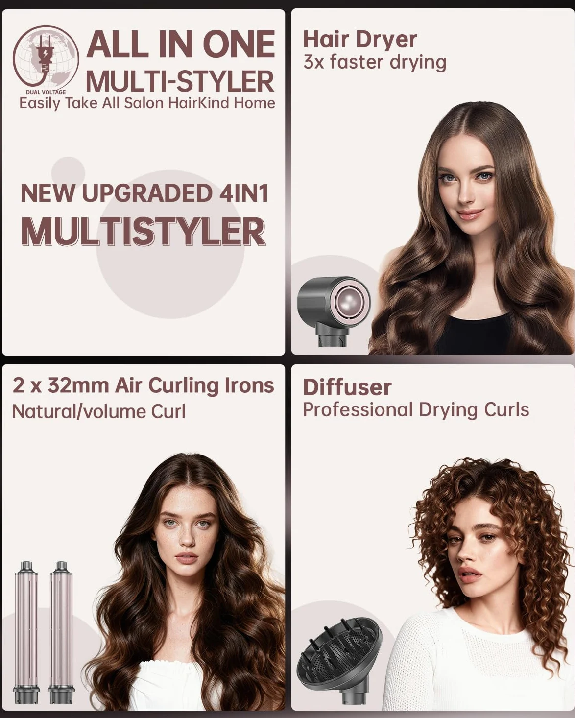 webeauty 4 en 1 Moldeador Pelo Aire, Cepillo Secador de Pelo Multifunción | 110,000 RPM/Min,30M/S,1400W Secador de Pelo Profesional con Rizador de Pelo Automatico,Difusor,500 Millones de Iones Negativo