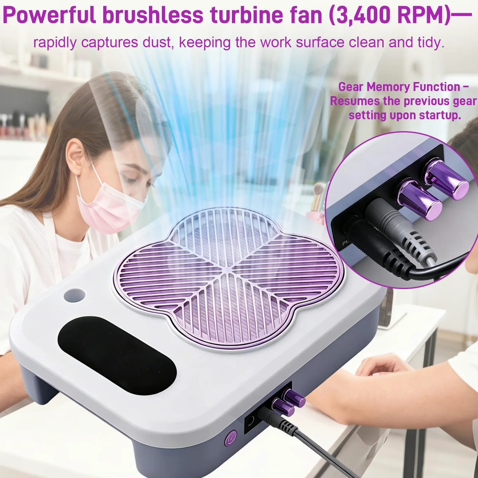 Dispositivo de uñas 4 en 1, con torno profesional (18.000 rpm), 6 cabezales de lijado y cabezal removedor, lámpara UV/LED potente, aspirador integrado (3.400 rpm), ideal para uso en salón y en casa