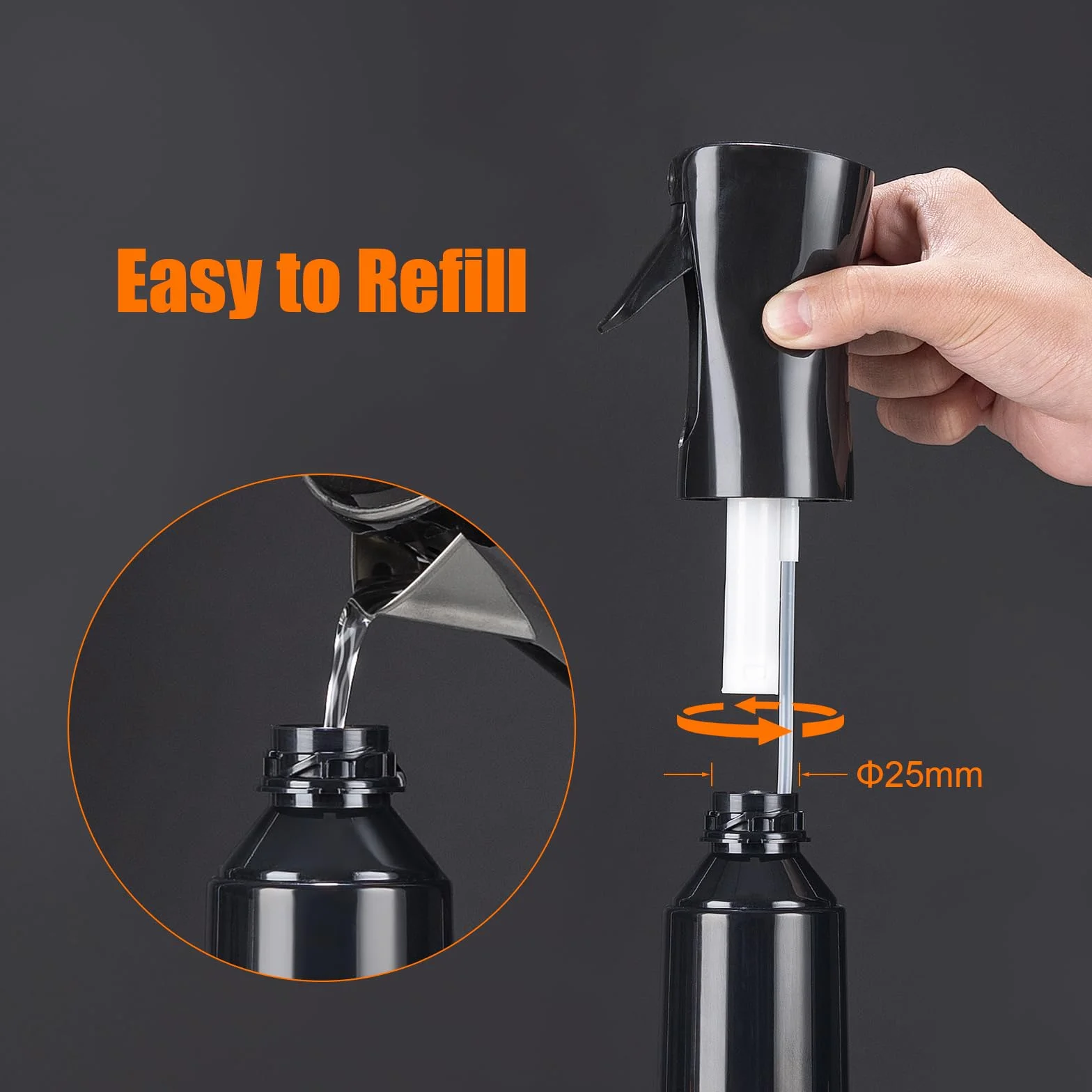 GRIFEMA Botella Pulverizadora 300ml Negro - Nebulización fina, uso 360°, recargable