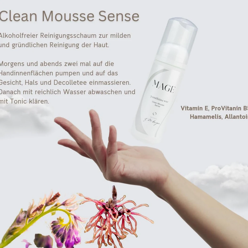 MAGE Clean Mousse Sense - Espuma limpiadora facial para limpiar la piel limpia y uniforme, cuidado facial limpiador, eliminación de maquillaje e imperfecciones, vegano, fabricado en Alemania