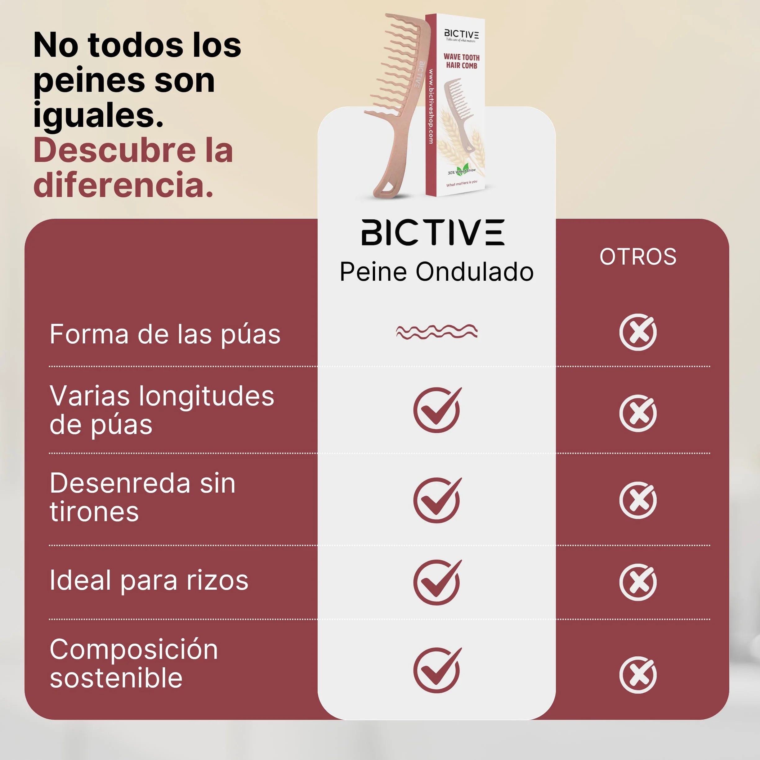 Peine de Púas Anchas para Pelo Rizo, Desenredante, Antitirones, Dientes Anchos (Rosa Nude)