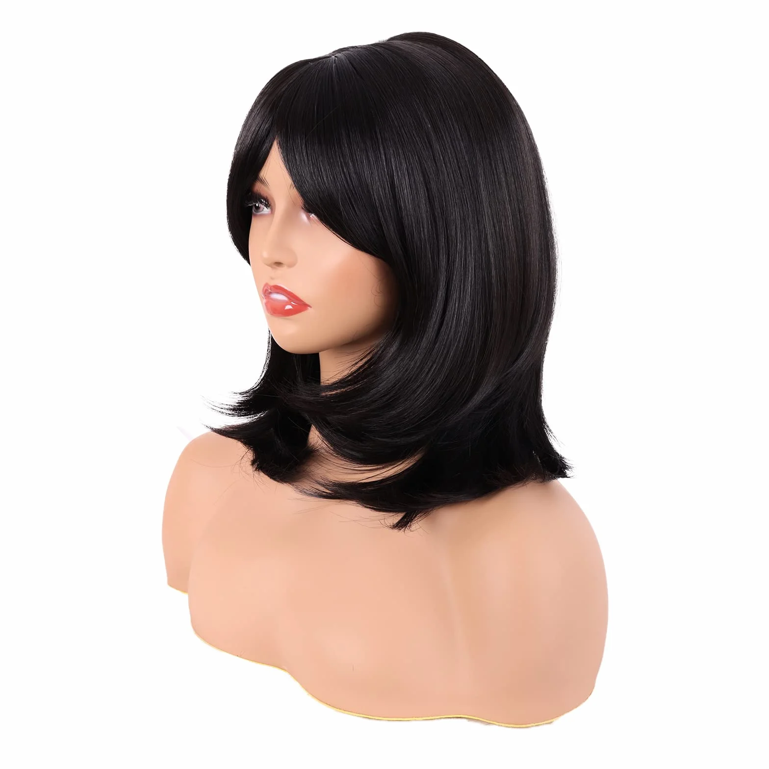 MapofBeauty 18 Pulgadas /45 cm Medio Largo Pelucas Sintéticas Con Flequillo Lacio Cabello (Negro)