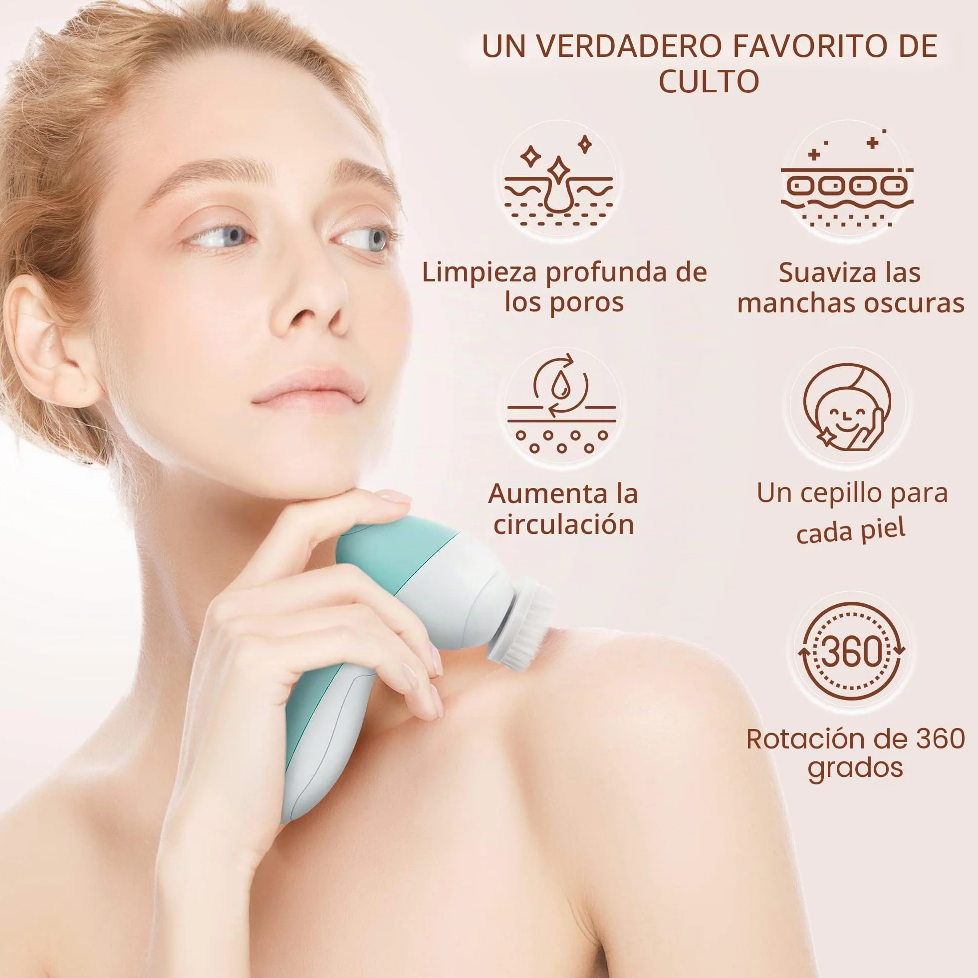 Cepillo de limpieza facial exfoliante rotación potente 7 cabezas para piel grasa mixta normal seca
