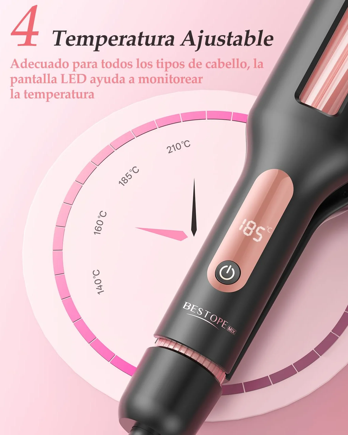 4 In 1 Ajustable Rizador Pelo Ondas - 22/25/32/38mm Plancha Pelo Ondas 3 Barriles Ondulador de Pelo Iónico, Anti-escaldamiento, Pantalla Digital, 4 Temperatura(140°C-210°C), Oro Rosa