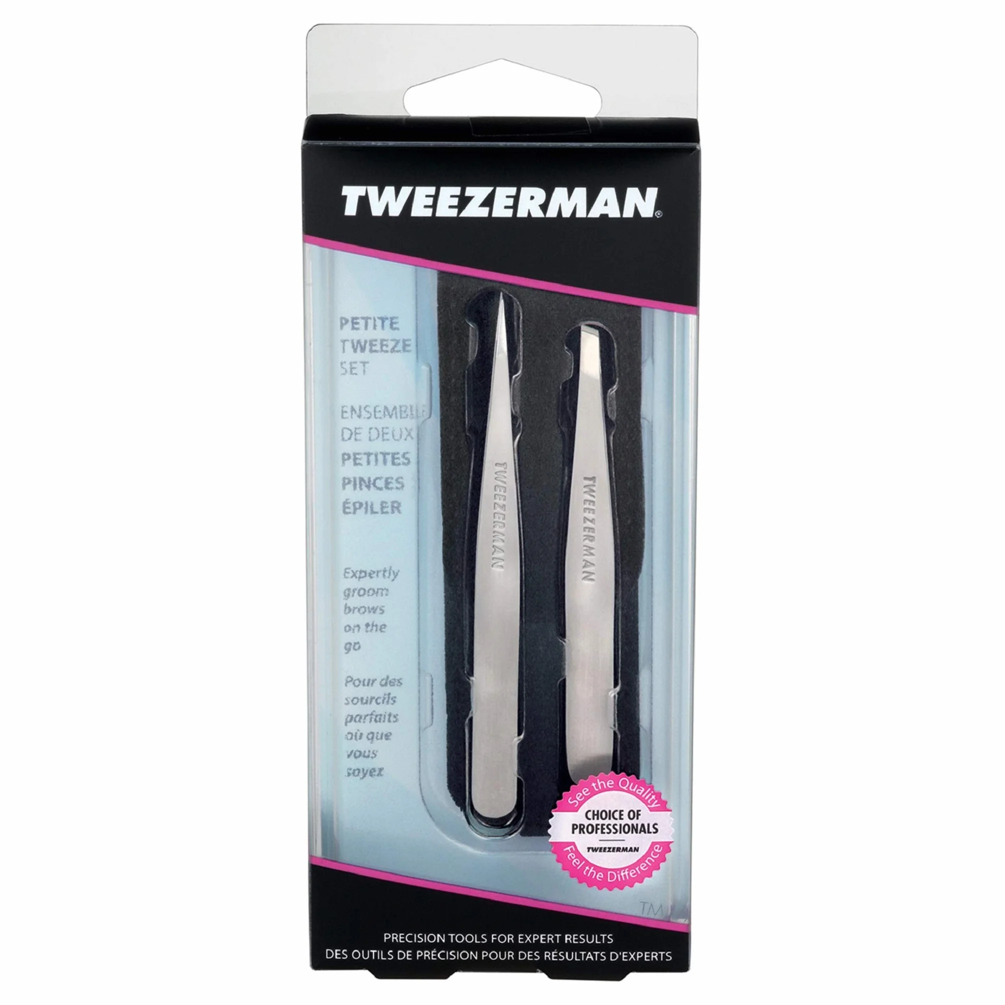 TWEEZERMAN Set de pinzas Petite (pinzas de punta inclinada y puntiaguda para cejas, ergonómicas, depilación, acero inoxidable)
