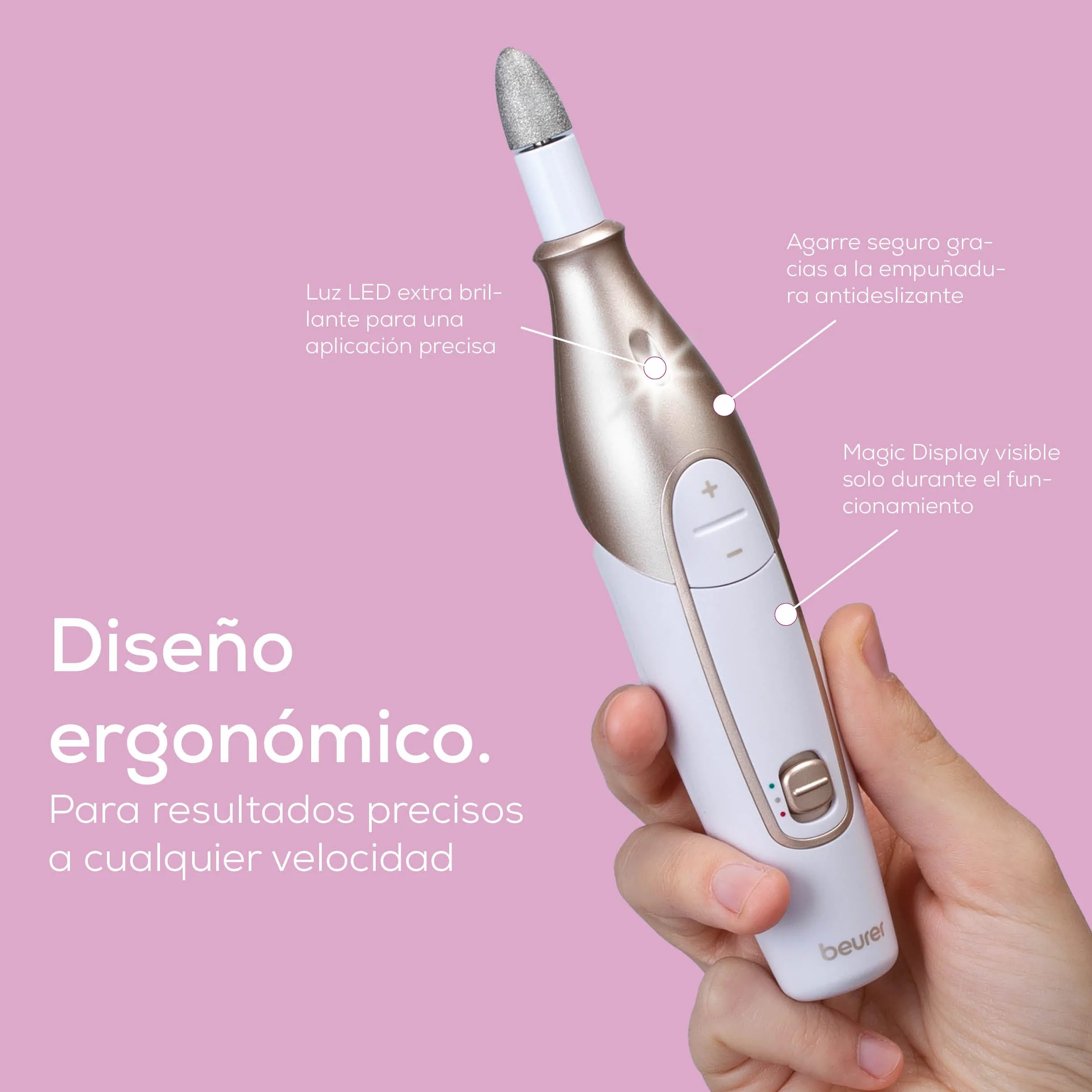 Beurer MP 64 Set de manicura y pedicura profesional con batería recargable, torno para uñas inalámbrico, 10 accesorios para el cuidado de las uñas, con luz LED