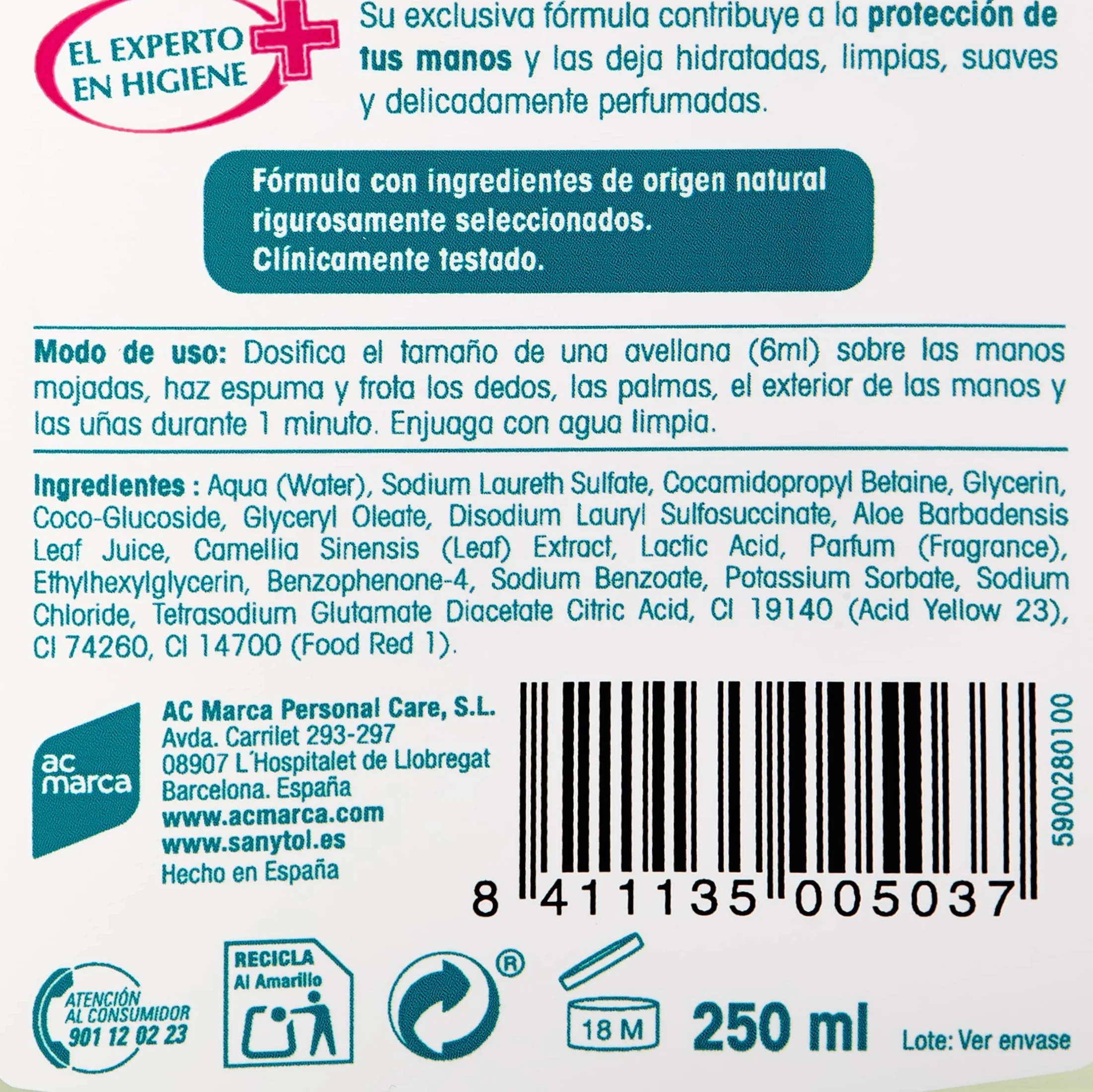 Sanytol Jabón de Manos Hidratante con Protección Total Contra Agentes Externos, Aloe Vera, 250 ml