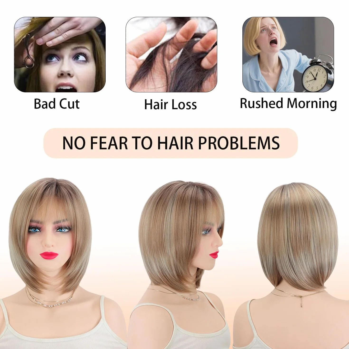 Peluca Bob Capas Sin Pegamento con Flequillo Pelo Natural para Mujer Cubre Canas