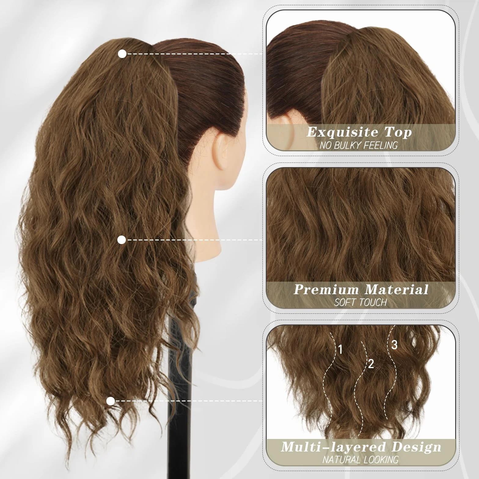 BARSDAR Extensión de Cabello Cola de Caballo 45CM Garra Clip Ondulado Sintética Marrón Castaña Chocolate para Mujeres
