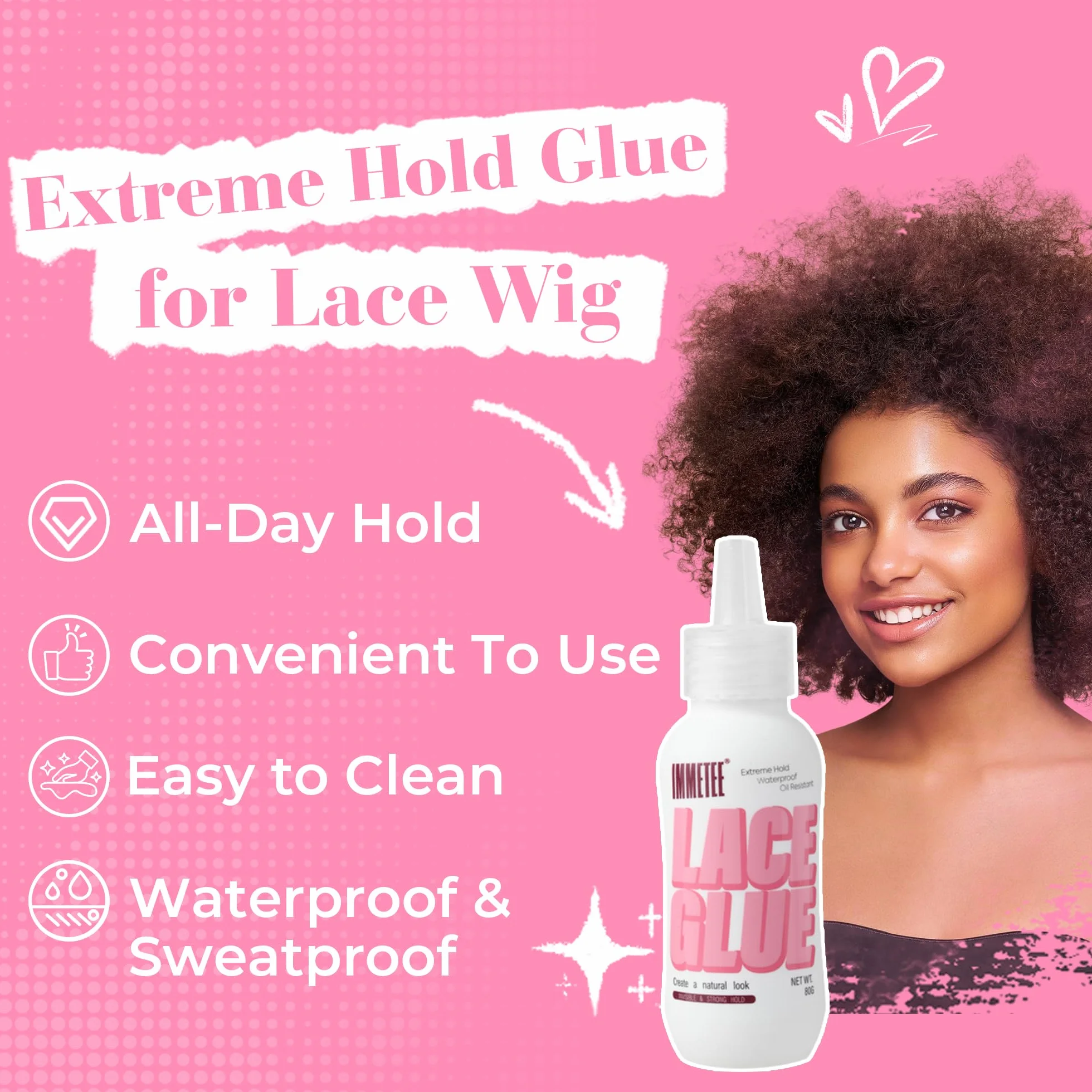 immetee Pegamento Para Peluca Lace Glue Resistente al Agua Invisible 80g