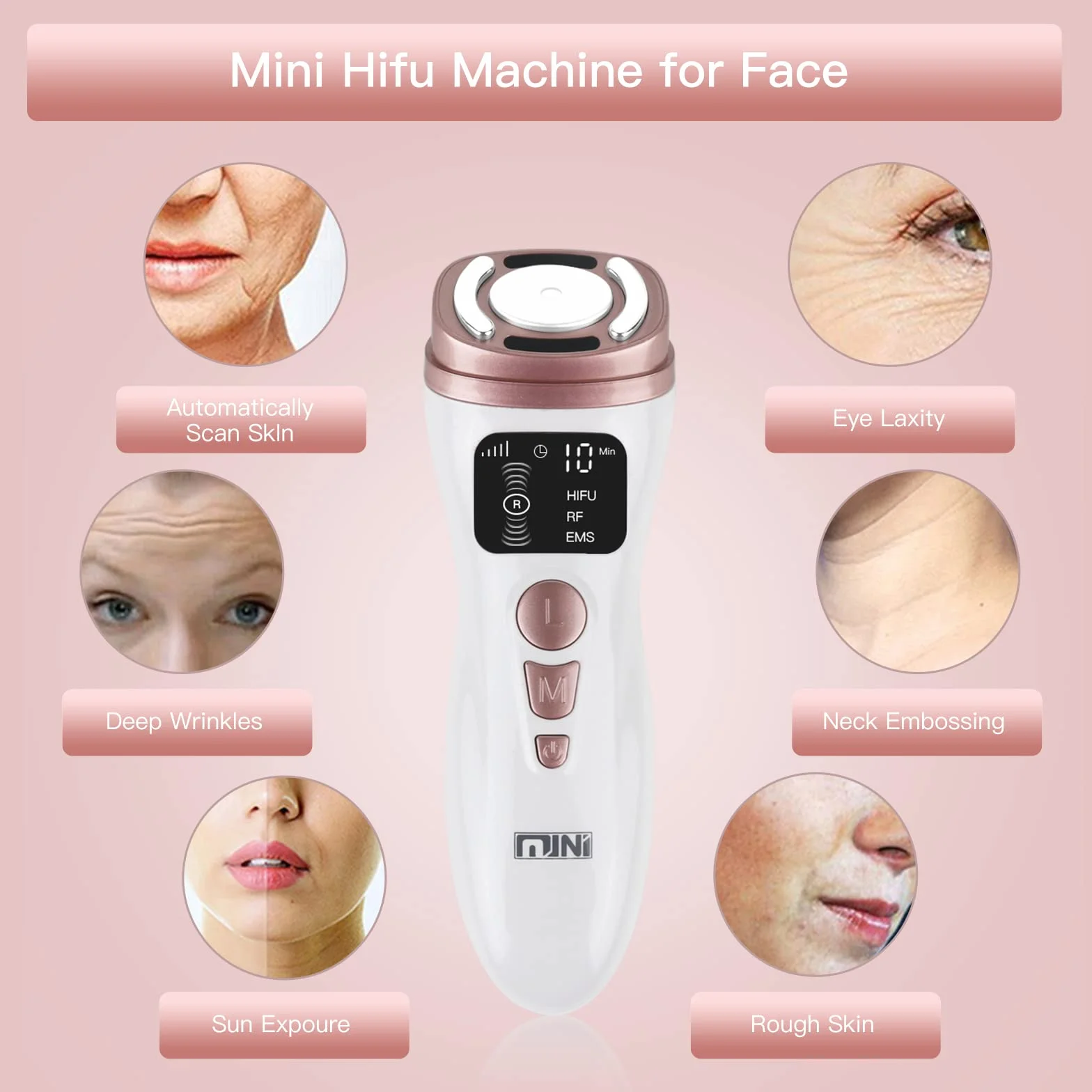 Máquina Hifu Facial Portátil 3 en 1 HIFU RF EMS Antienvejecimiento para Mujeres Cuello Mentón Ojos