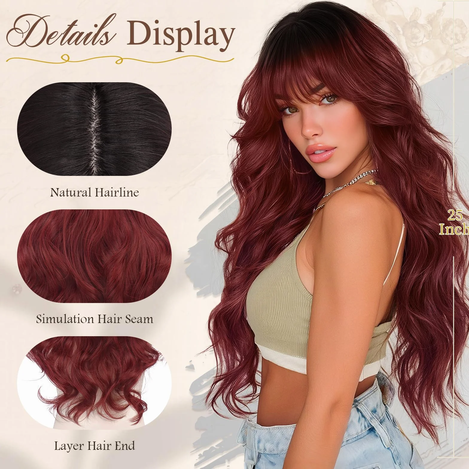 Sofeiyan Peluca Larga Ondulada 60 cm Negro Degradado Burdeos Resistentes al Calor con Flequillo para Mujer Cabello Sintético