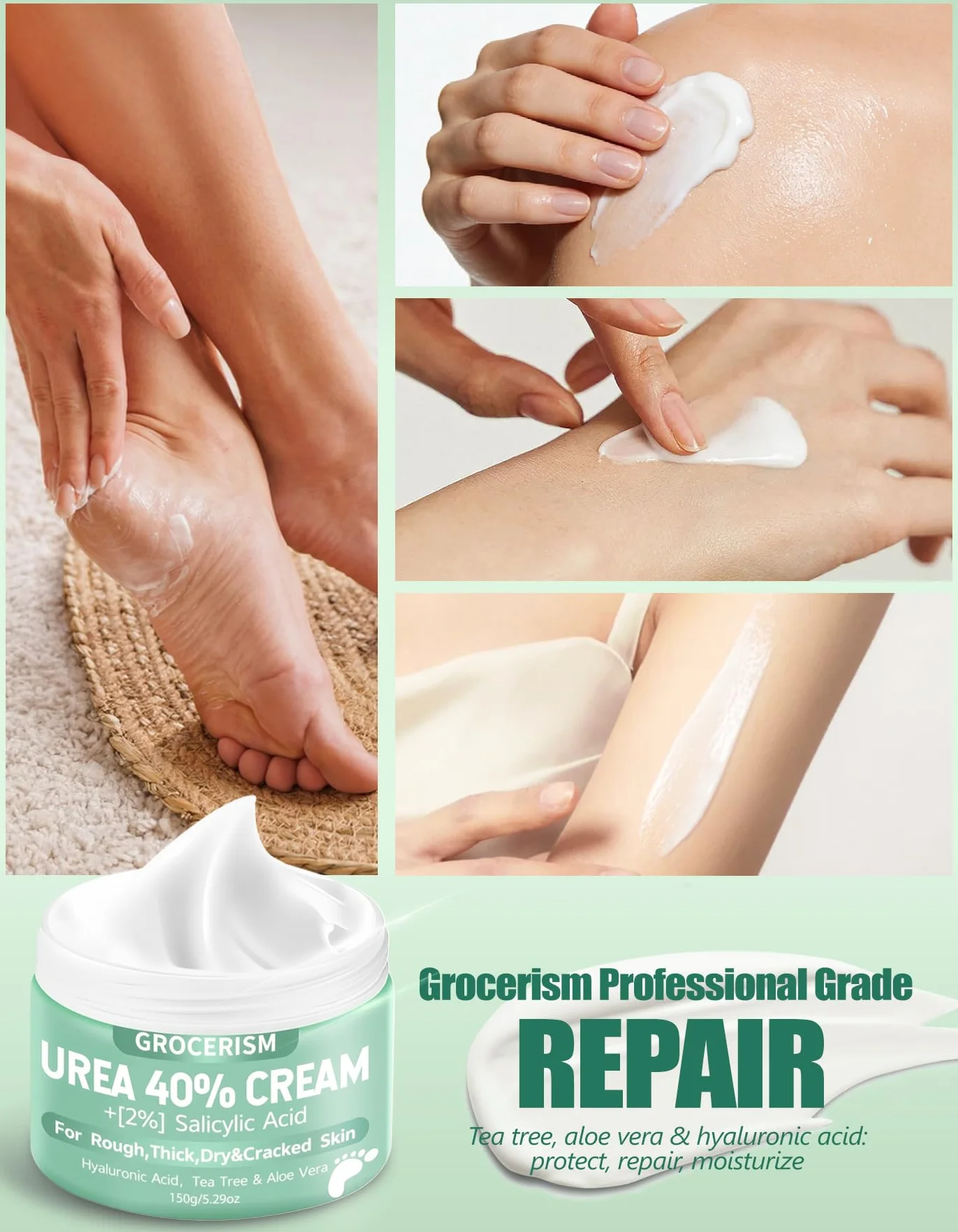Crema Urea 40% Ácido Salicílico 2% 150g para Pies y Manos con Ácido Hialurónico, Árbol de Té y Aloe Vera