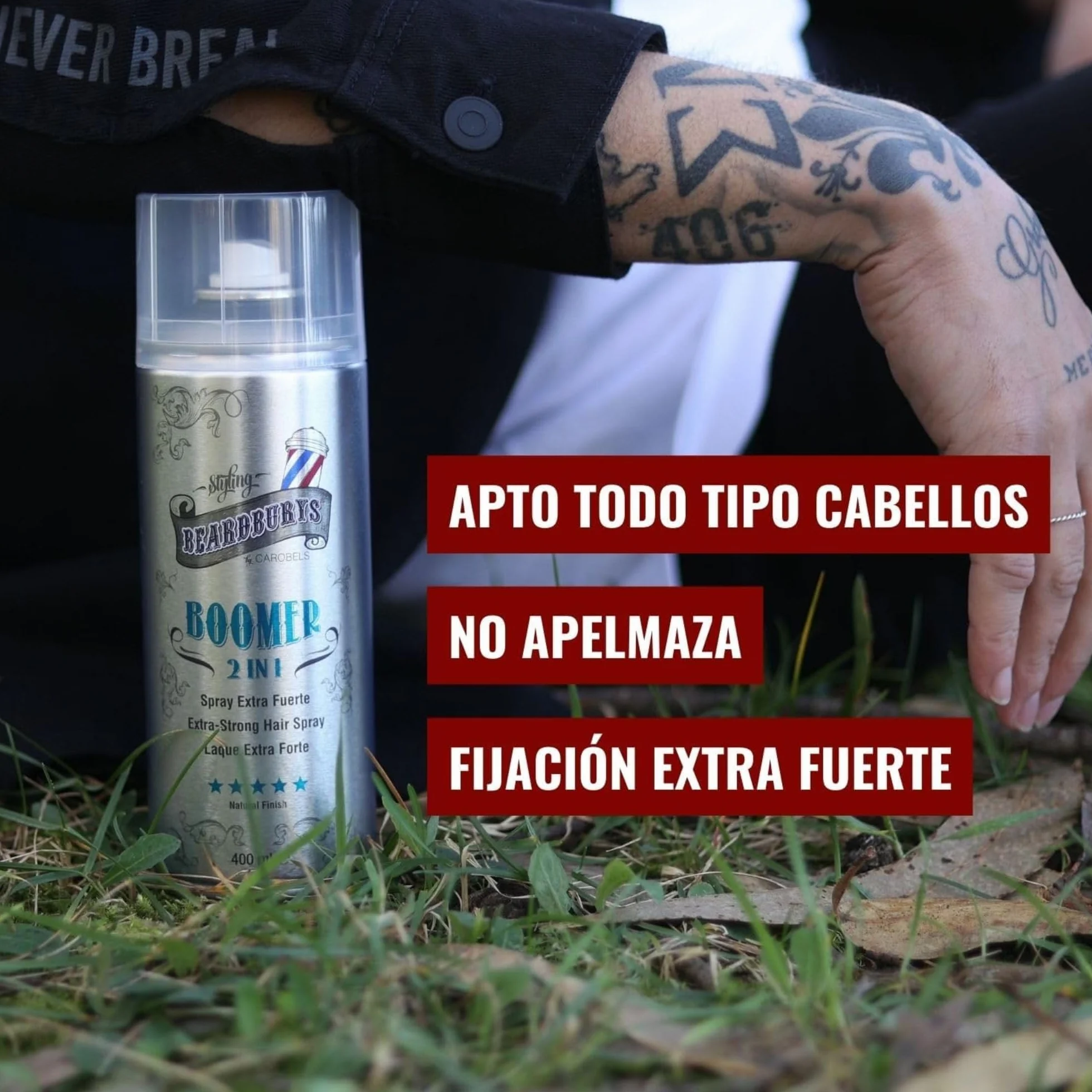 Beardburys HairSpray 2 en 1 Boomer Laca Profesional para el Pelo Hombre, Mate con Fijación Extra Fuerte, 400ml