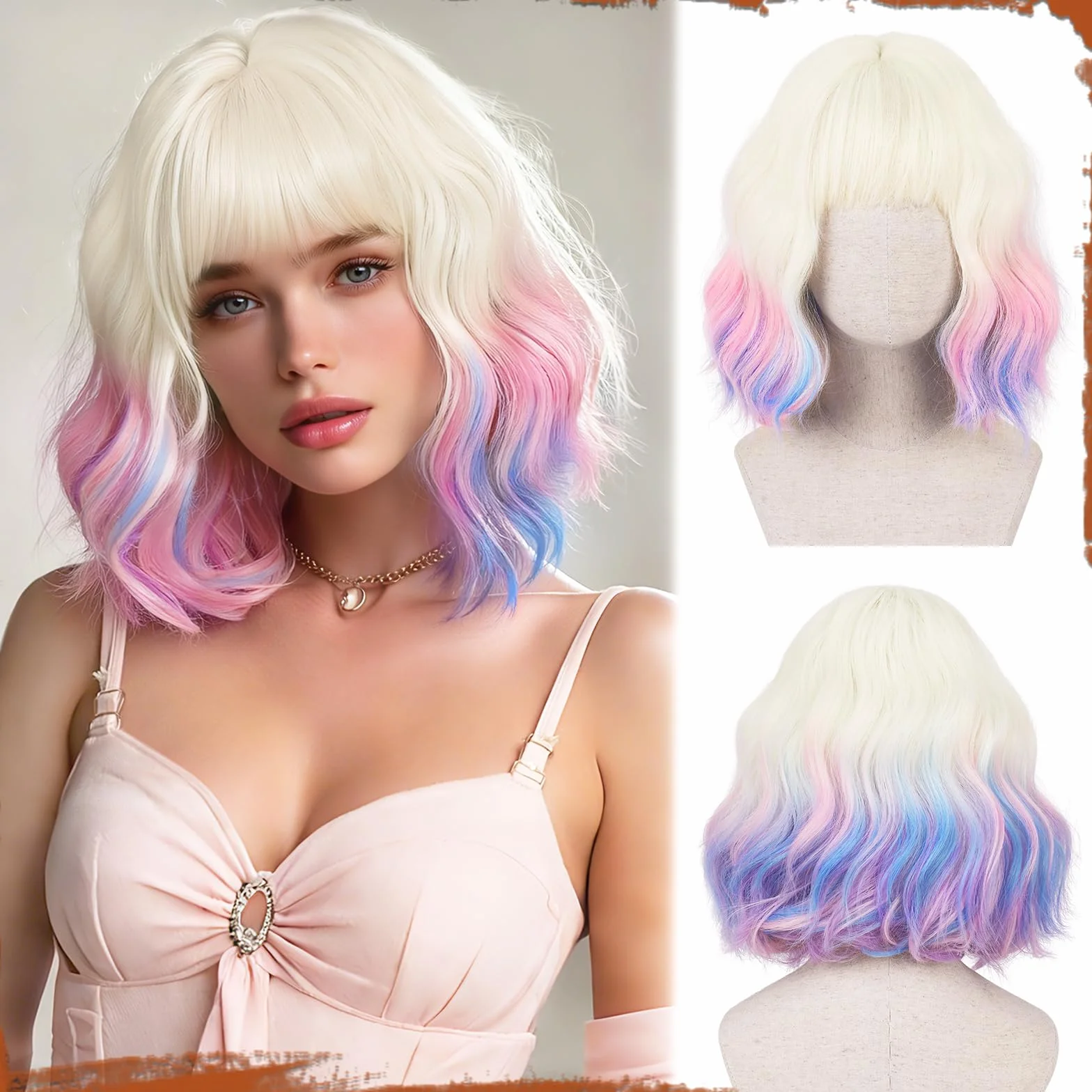 Sofeiyan Peluca Bob Mujer 30 cm Arcoíris Corta Ondulada Flequillo Sintética Resistente Calor